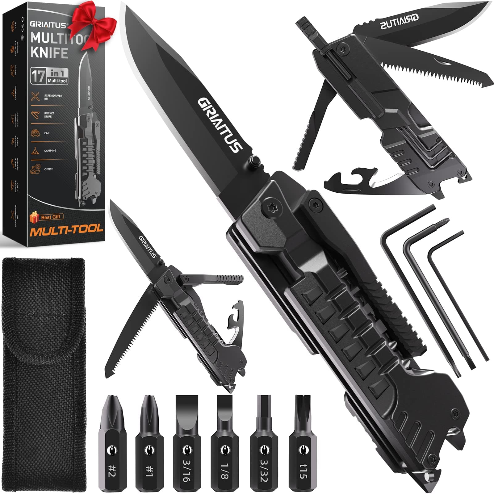 GIRIAITUS Gifts for Men, Camping Accessories Multitool Gadgets, 17 in 1 Fire Starting Sticks, Saw Screwdrivers Bottle Opener, Whistle and More -Perfect, Outdoorl, Survival Everyday Use, Black, (X2)