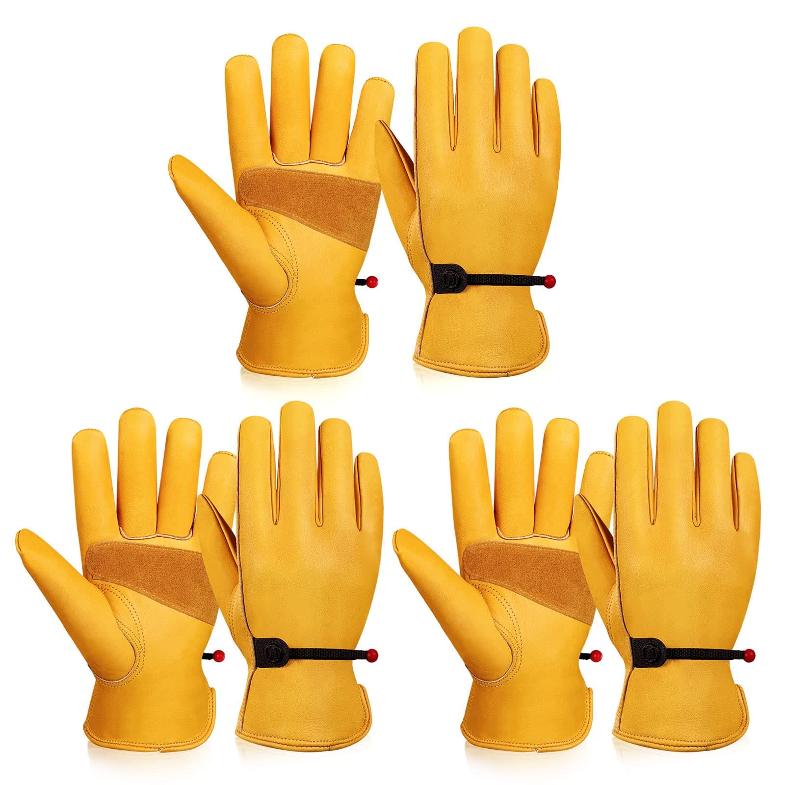OZERO Leather Work Gloves for Men, 3 Pairs Full Grain Cowhide Garden Gloves, ANSI/ISEA 105 Tested, Puncture Level 4, Abrasion Level 3, Adjustable Wrist for Yard Work & Gardening (Gold Medium)
