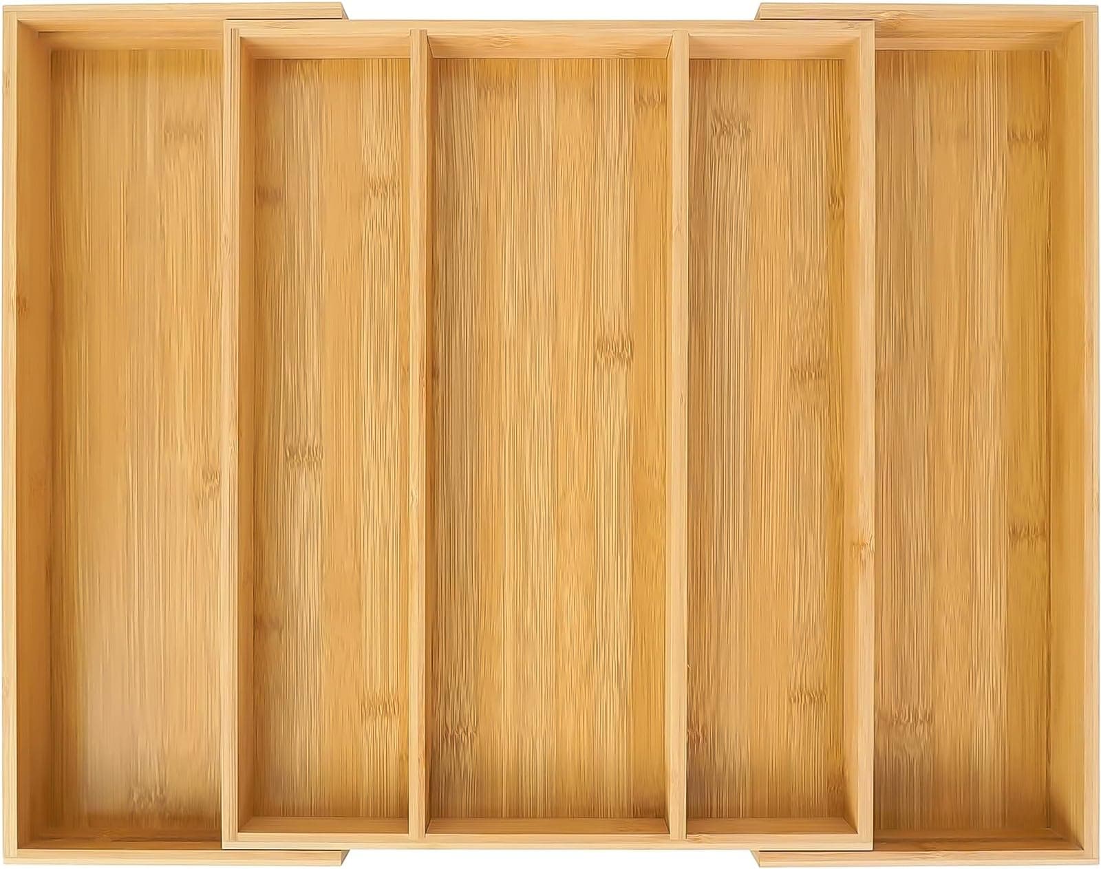 Bamboo Expandable Drawer Organizer - Adjustable Cutlery Tray, 5 Compartment, Silverware Tray for Drawer