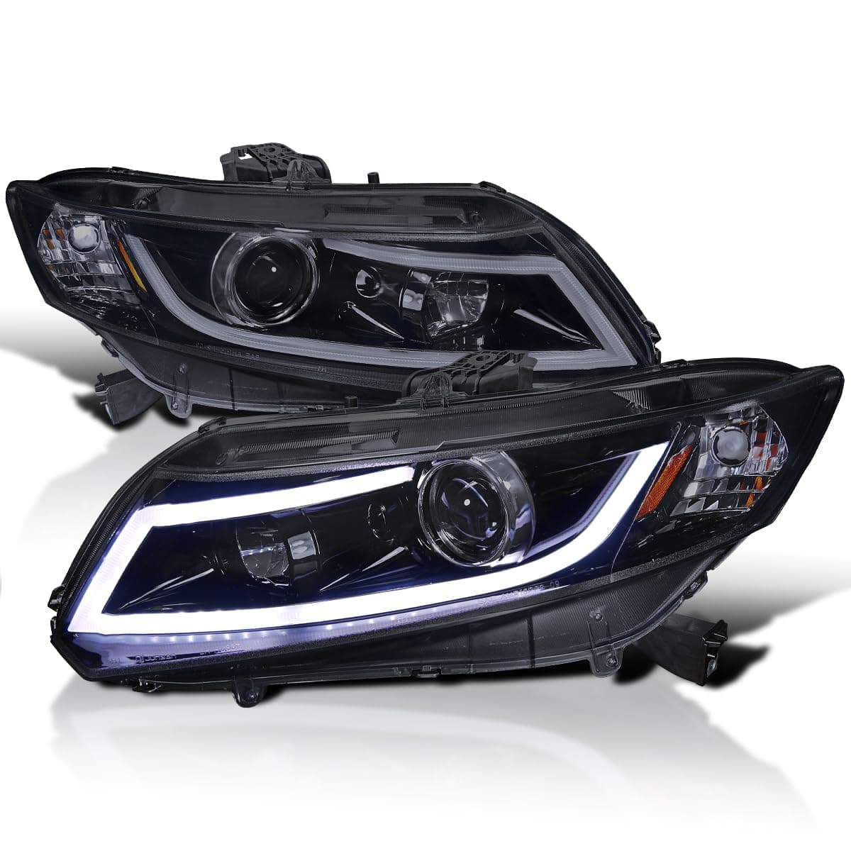 Spec-D Tuning Glossy Black Smoke Projector Headlights W/LED Light Bar Compatible with 2012-2013 Honda Civic Coupe, 2012-2015 Honda Civic Sedan, Left + Right Pair Headlamps Assembly