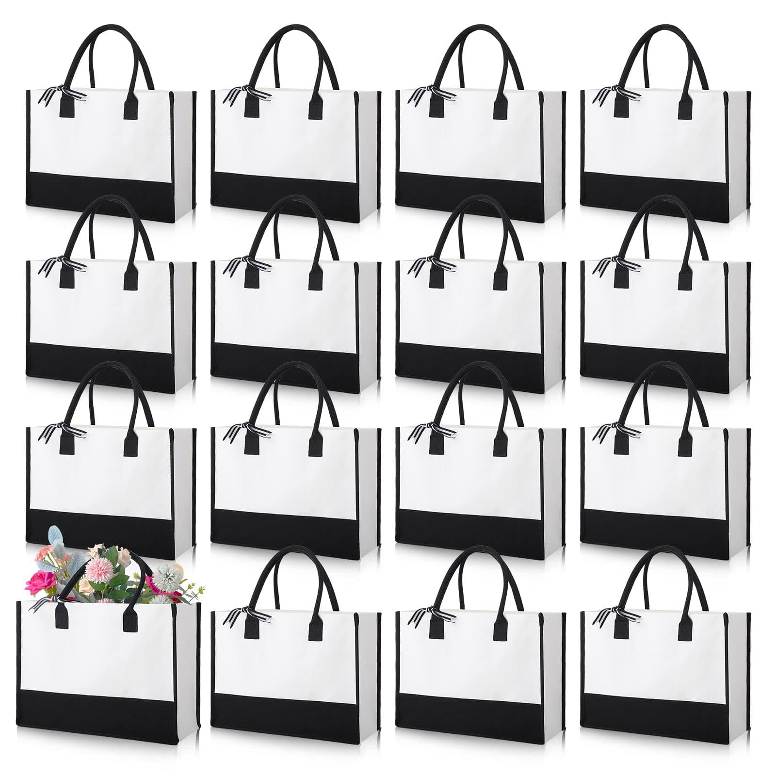 Reginary 12 Pack Canvas Tote Bags Initial Classic Present Personalized Canvas Beach Bag for Wedding, Birthday, Beach(Black and White)