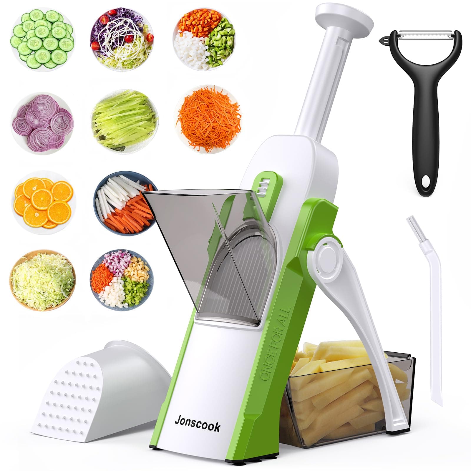 Safe Mandoline Slicer for Kitchen, Adjustable Thickness 0.1-8 mm, 5 in 1 Multi Vegetable Chopper, Potato Slice, Food Chopper French Fry Cutte, with Paring Knife/Cleaning Brush, Mandolin (AvocadoGreen)