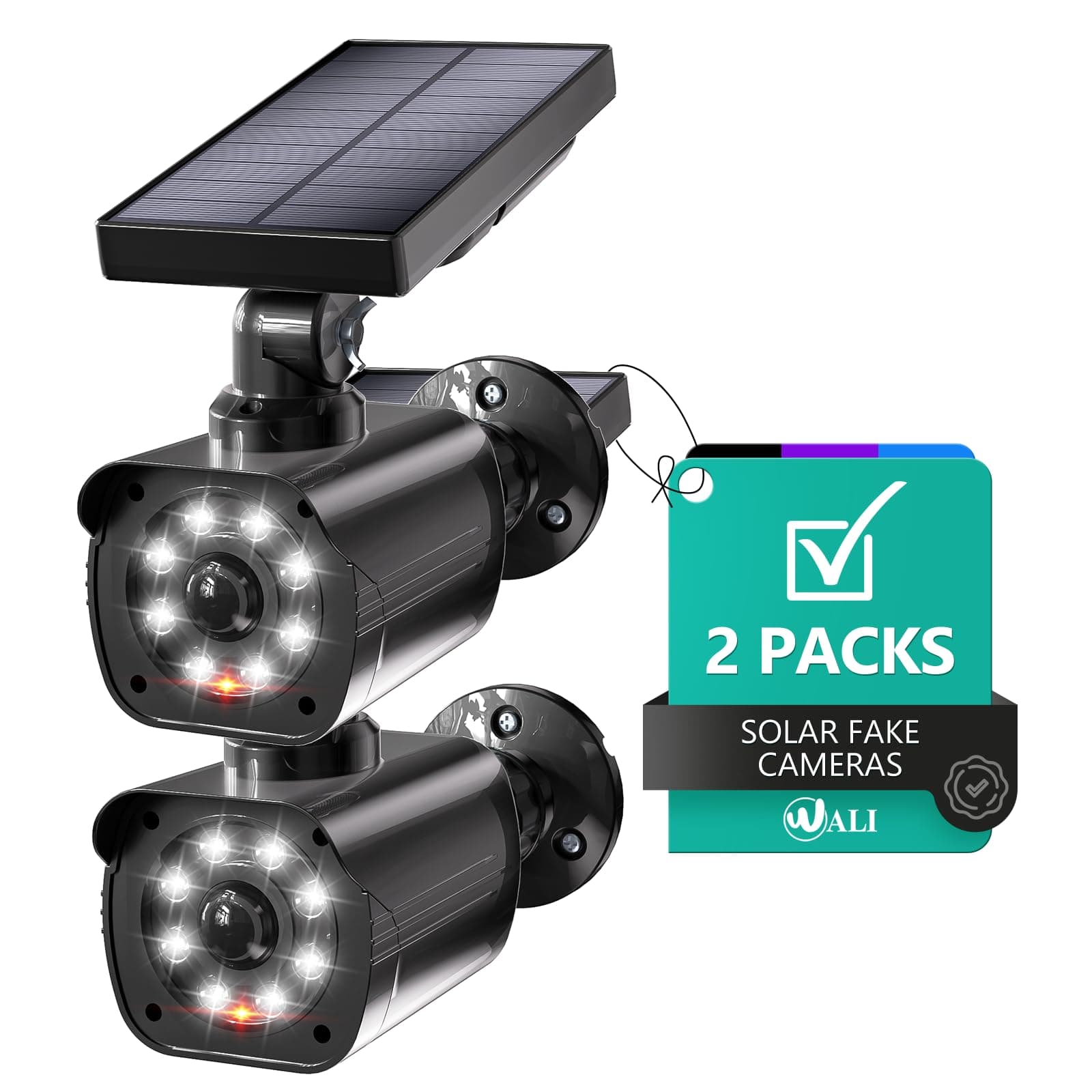 WALI Dummy Fake Camera Security Camera with Motion Sensor Light Simulation Surveillance Security CCTV Dome Camera Indoor Outdoor (TCB2-SOL), 2 Pack Black Solar