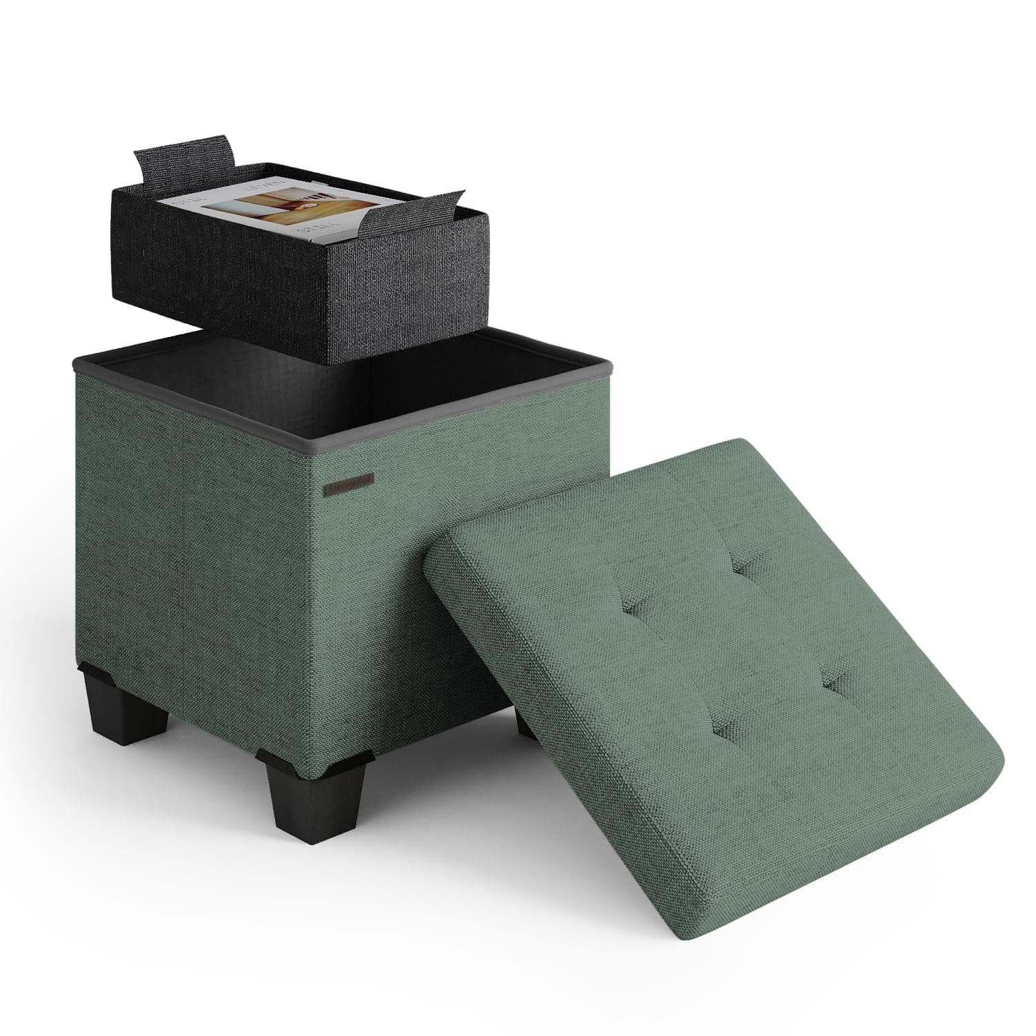 Storage Ottoman Cube with Small Bin, 16-in Square Ottoman with Storage for Living Room and Bedroom, Small Ottomans Foot Rest, Fabric Foot Stools Ottomans Max 330lbs, Green