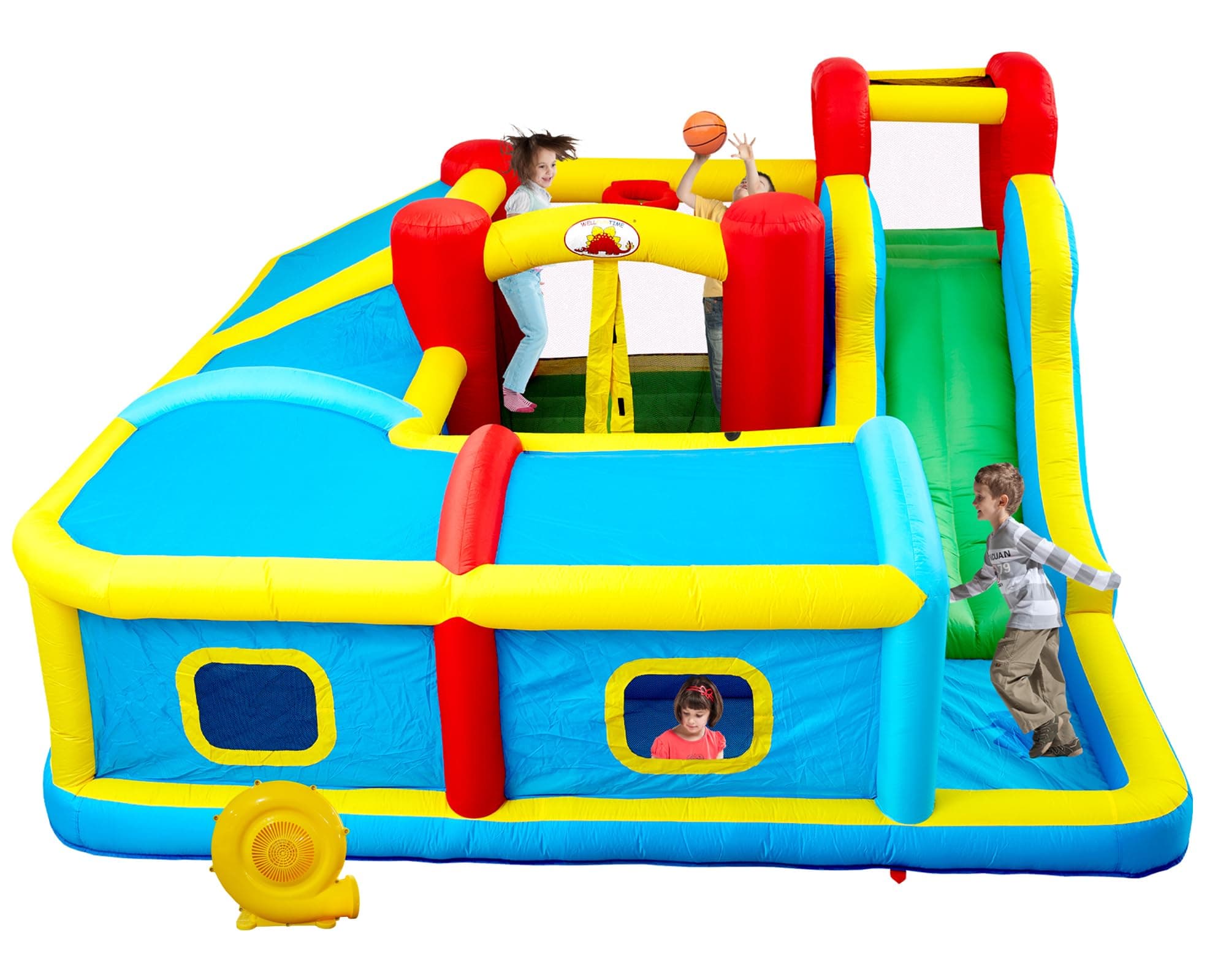 WELLFUNTIME Inflatable Bounce House with Slide, Jumping Castle with Blower and Wave Pool, Basketball Rim, Long Tunnel