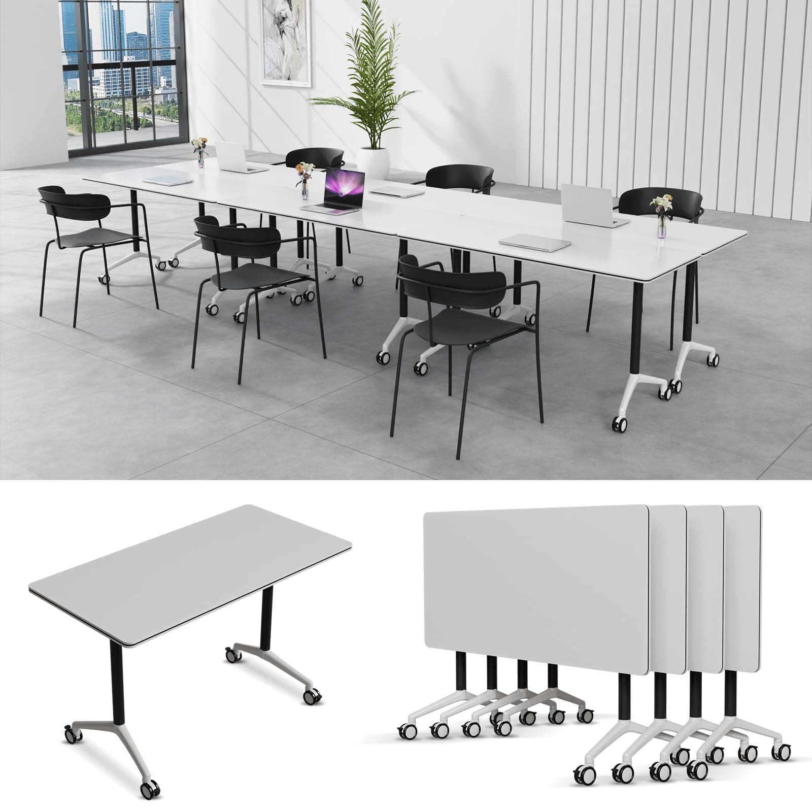 6-8 Person Conference Table Folding Conference Table for Office、Training, Seminar,Schools Modern Wood Conference Meeting Room Table Large Rectangular Conference Room Tables (6, White-2, 55in)