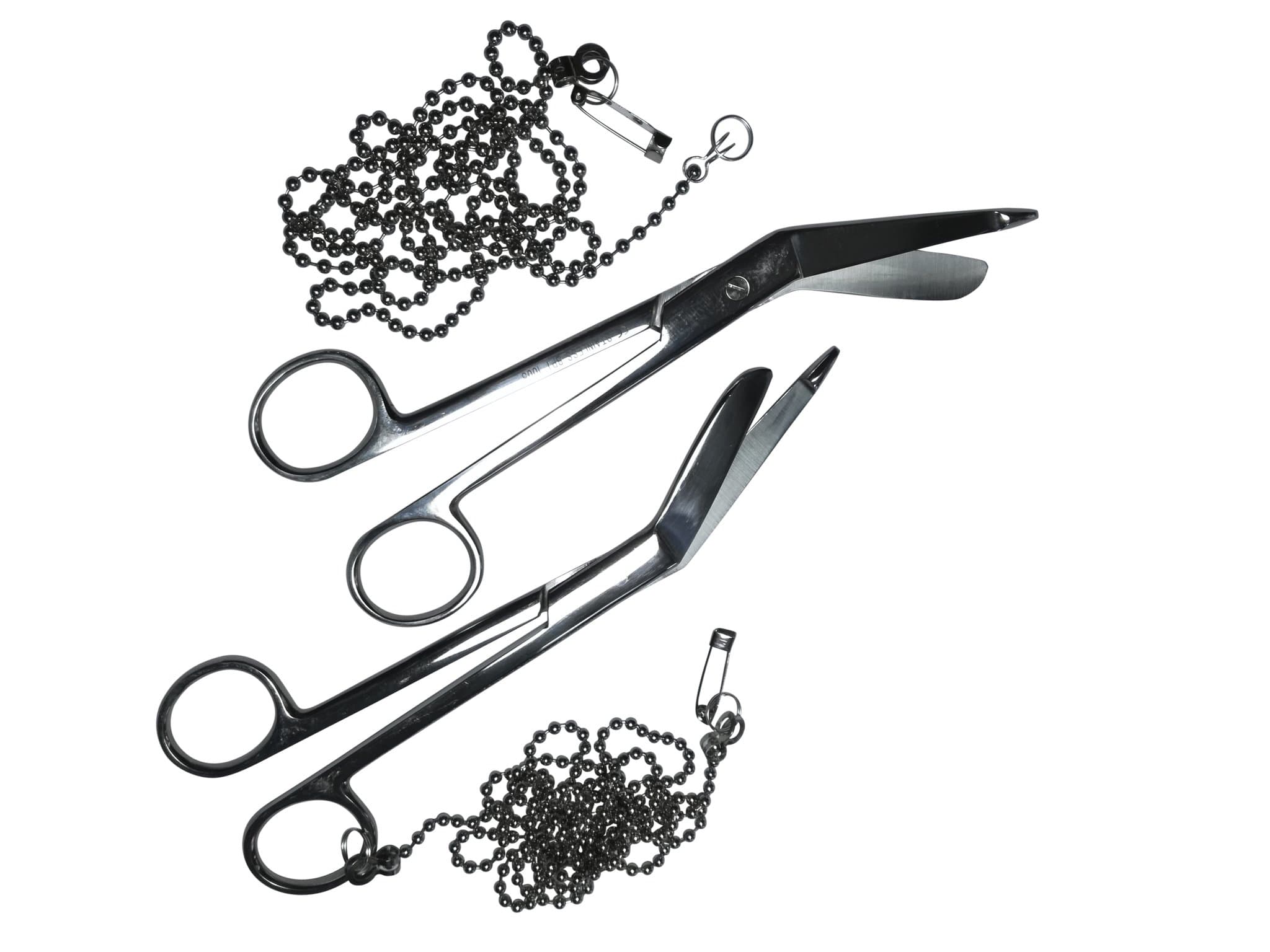 TWO (2) NURSES POCKET BANDAGE SCISSORS 5" WITH CHAIN ,TOP QUALITY MADE IN UK.