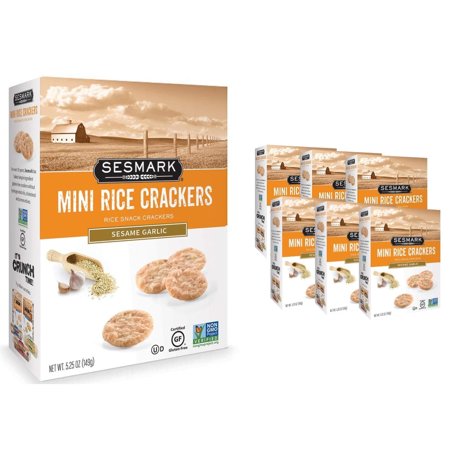 Sesmark Mini Rice Crackers Sesame Garlic - Non GMO Project Verified - Gluten Free Rice Crackers - 5.25 Oz. (Pack of 6)