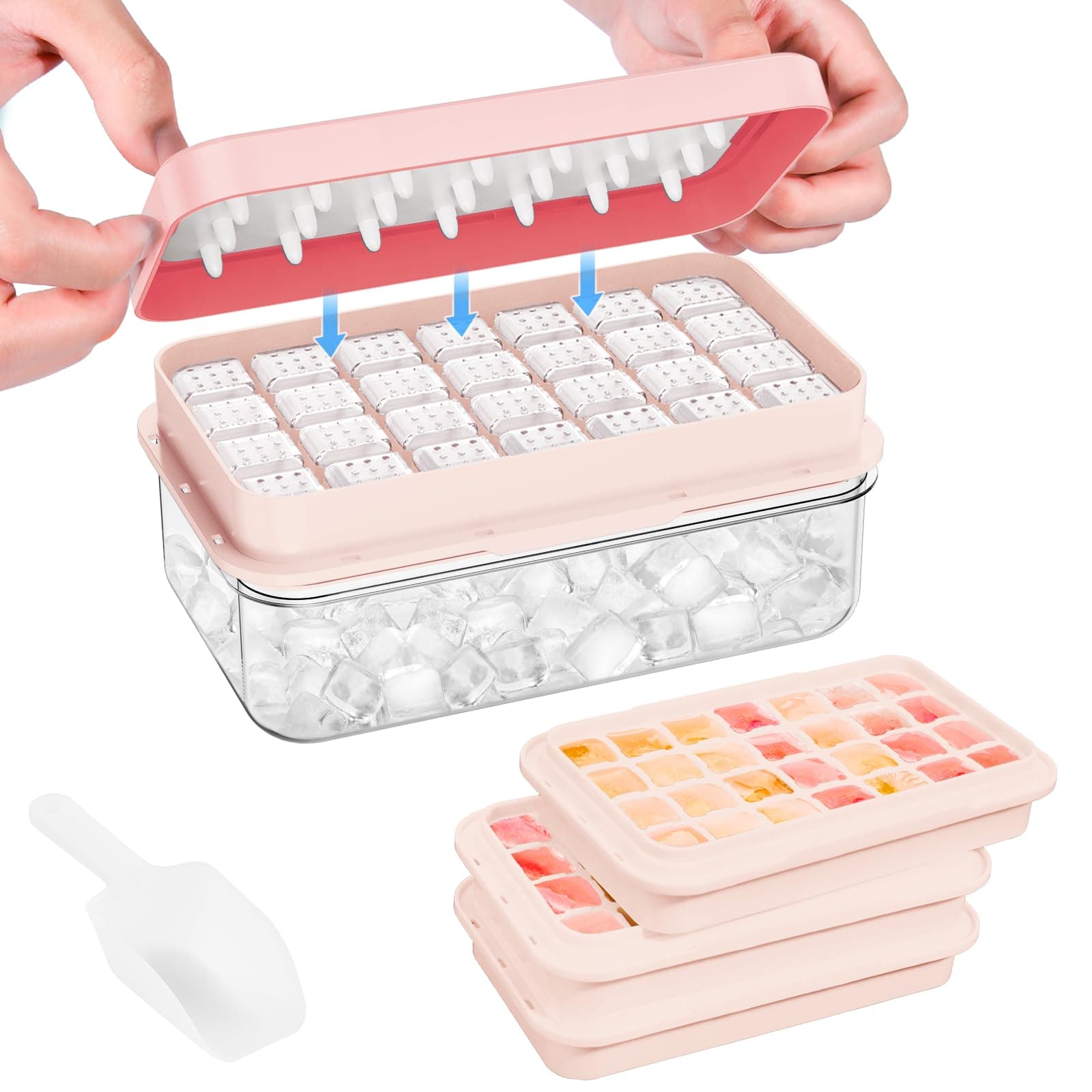 PHINOX Ice Cube Tray with Lid and Bin, 3 Pack Plastic Ice Cube Tray Molds, 84 pcs Ice Trays for freezer, Chilling Drinks, Whiskey & Cocktails, with Ice Container and Ice Scoop, BPA-Free