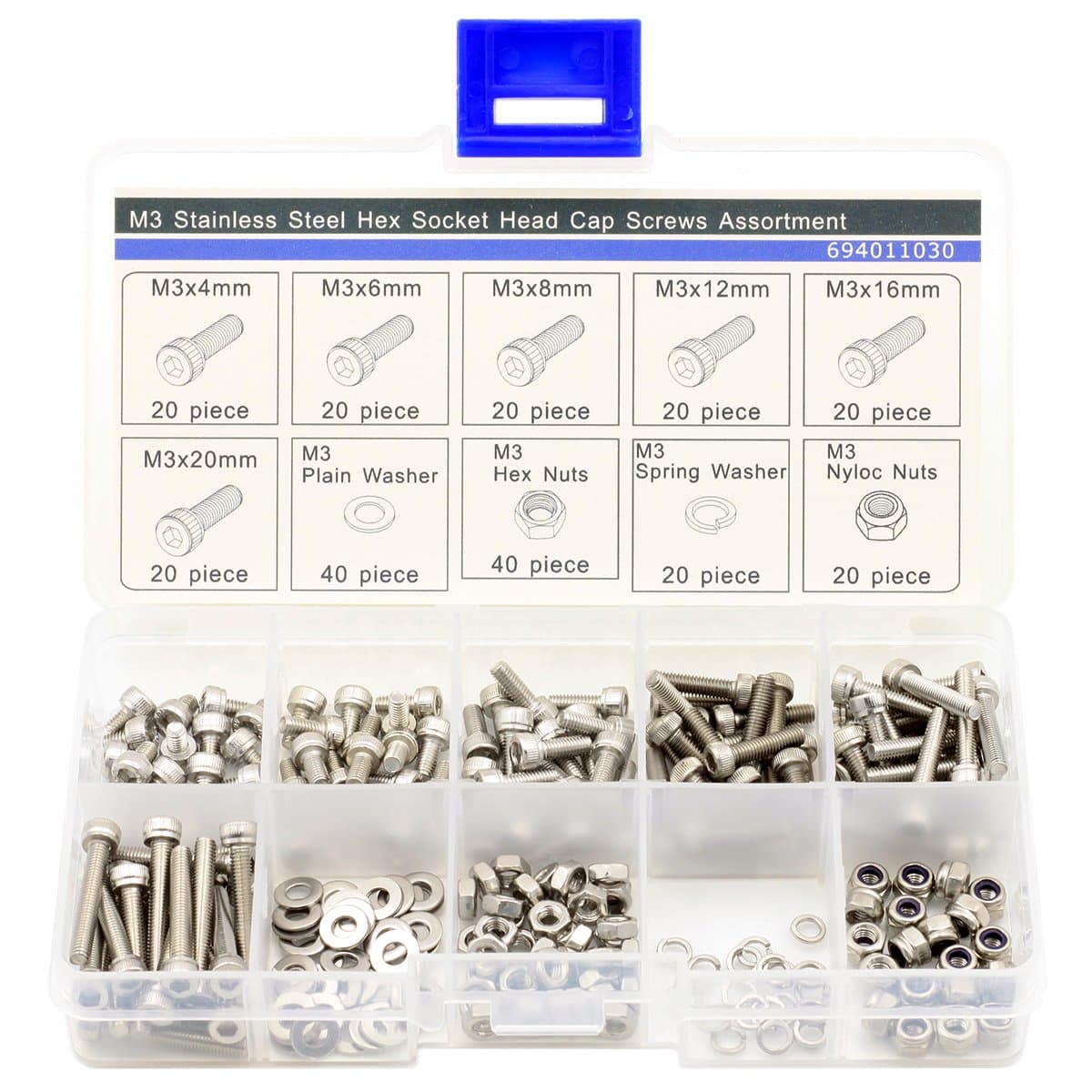 M3 Hex Socket Head Cap Screws,Nyloc Nuts,Hex Nuts,Spring Washers,Plain Washers,Assortment Kit,240 Piece