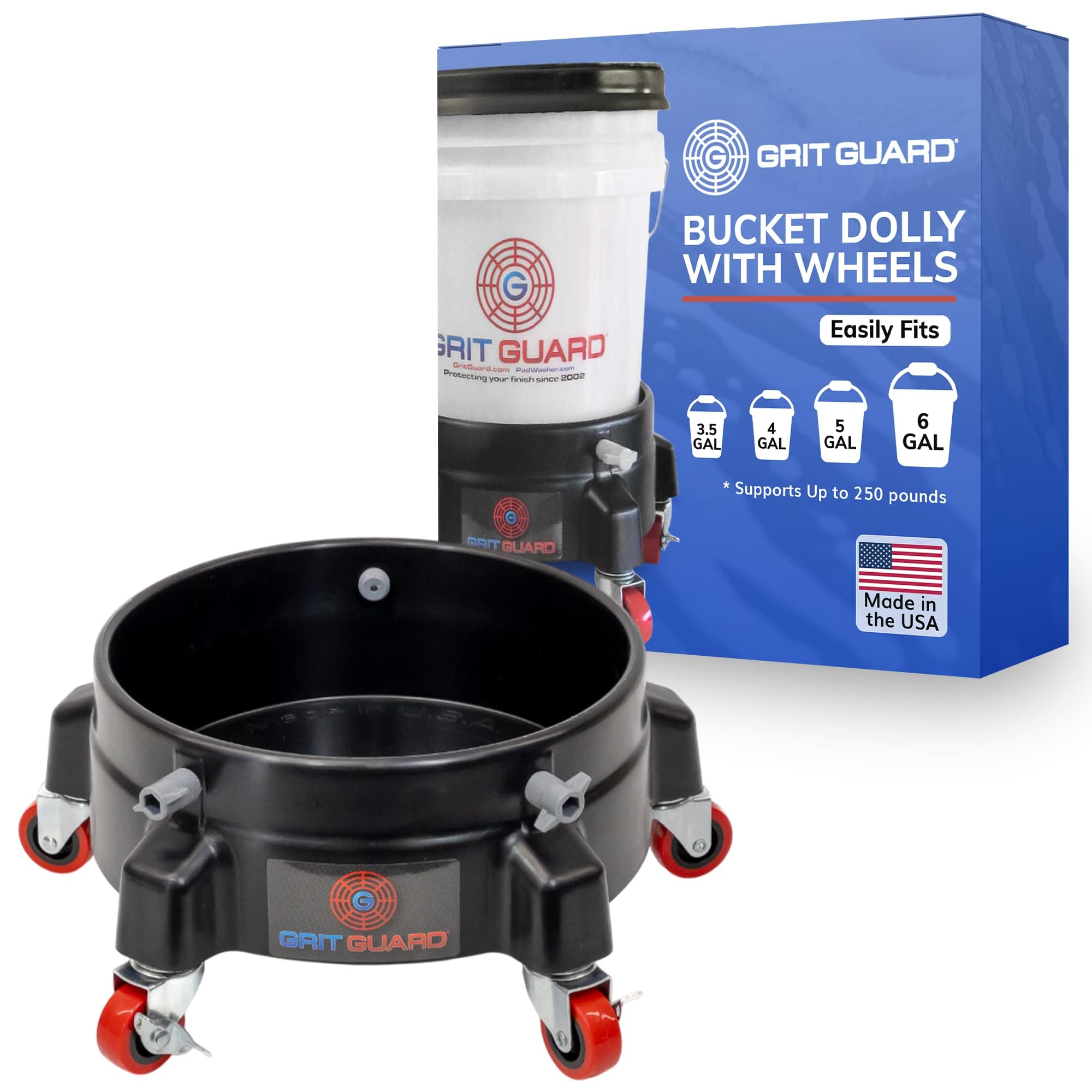 - Bucket Dolly with Wheels - Rolling Detailing Wash Bucket with 5 Wheels and 2 Locking Casters Compatible with 2.5, 4, 5 and 6 Gallon Buckets (Black, 2" Red Casters)