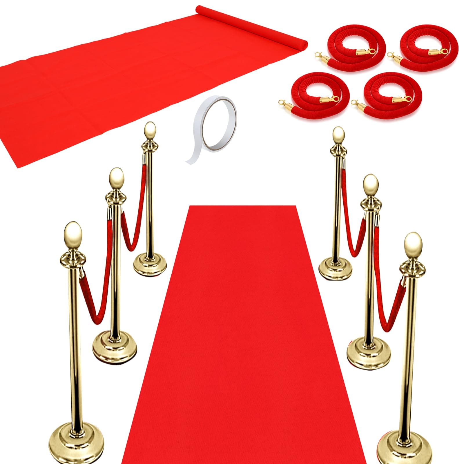 Red Carpet Runner 2.6 x 15 ft Carpet Aisle Runner Rug 55gsm Thickness with 4 Pieces Red Velvet Stanchion Rope Crowd Control Rope Barrier with Gold Color Plated Hooks, 5 Feet