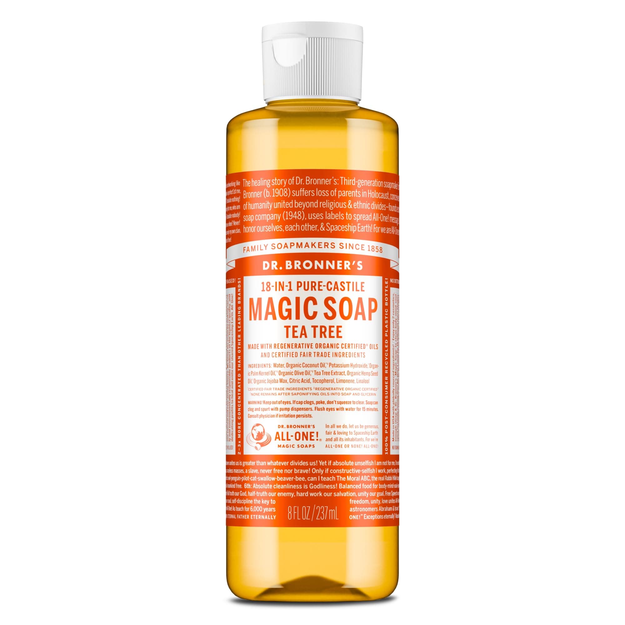 Dr. Bronner's Pure-Castile Magic Soap Liquid (Tea Tree, 8 Ounce) – Made with Regenerative Organic Oils, 18-in-1 Uses for Face, Hair, Laundry, Dishes, Hand Soaps & Body Wash – Natural, Vegan, Non-GMO