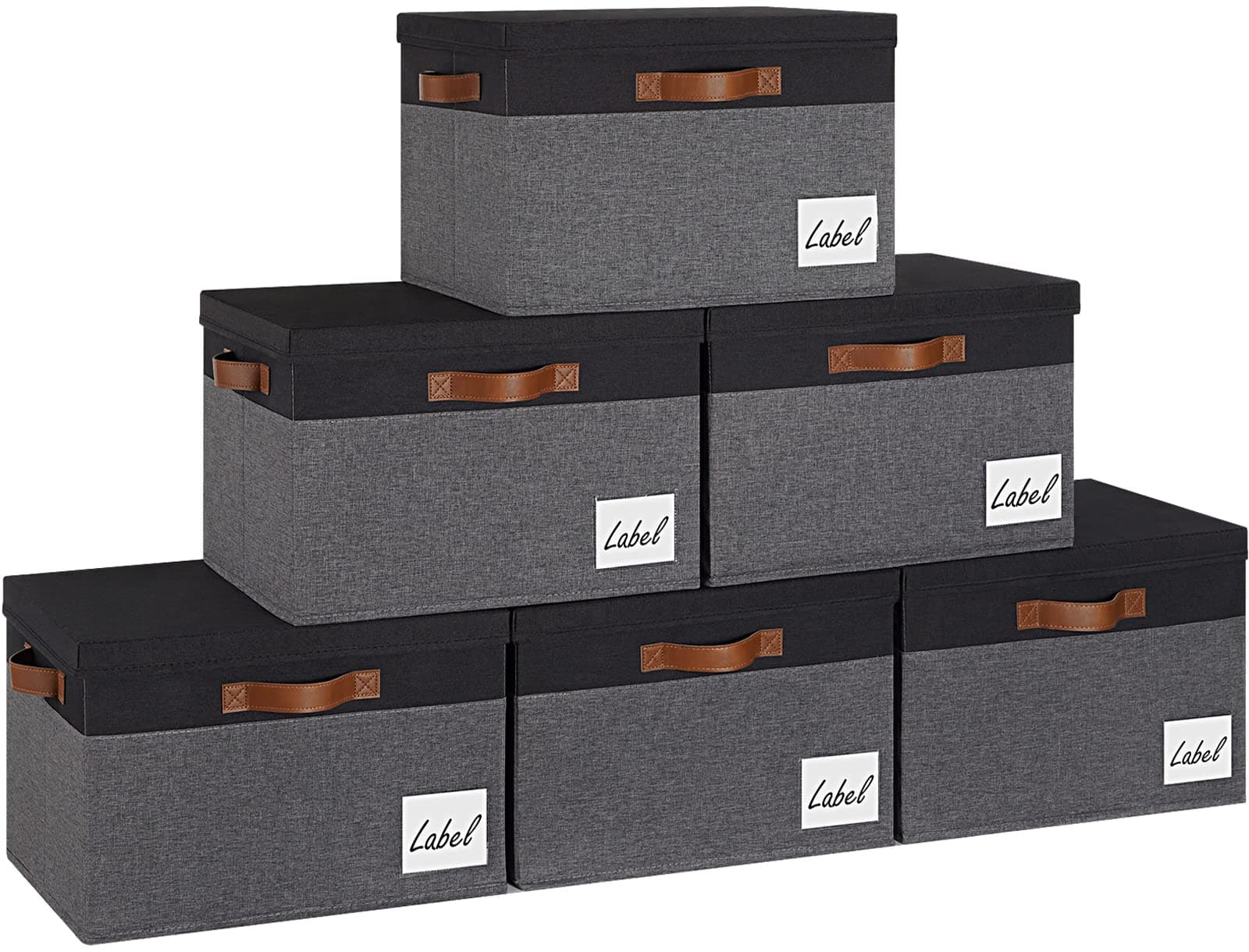 GhvyenntteS Storage Bins with Lids 6 Pack, Large Storage Baskets with Lid and 3 Handles, Foldable Fabric Storage Boxes with Lid and Label for Home Office (Grey&Black, 15" x 11" x 9.7")