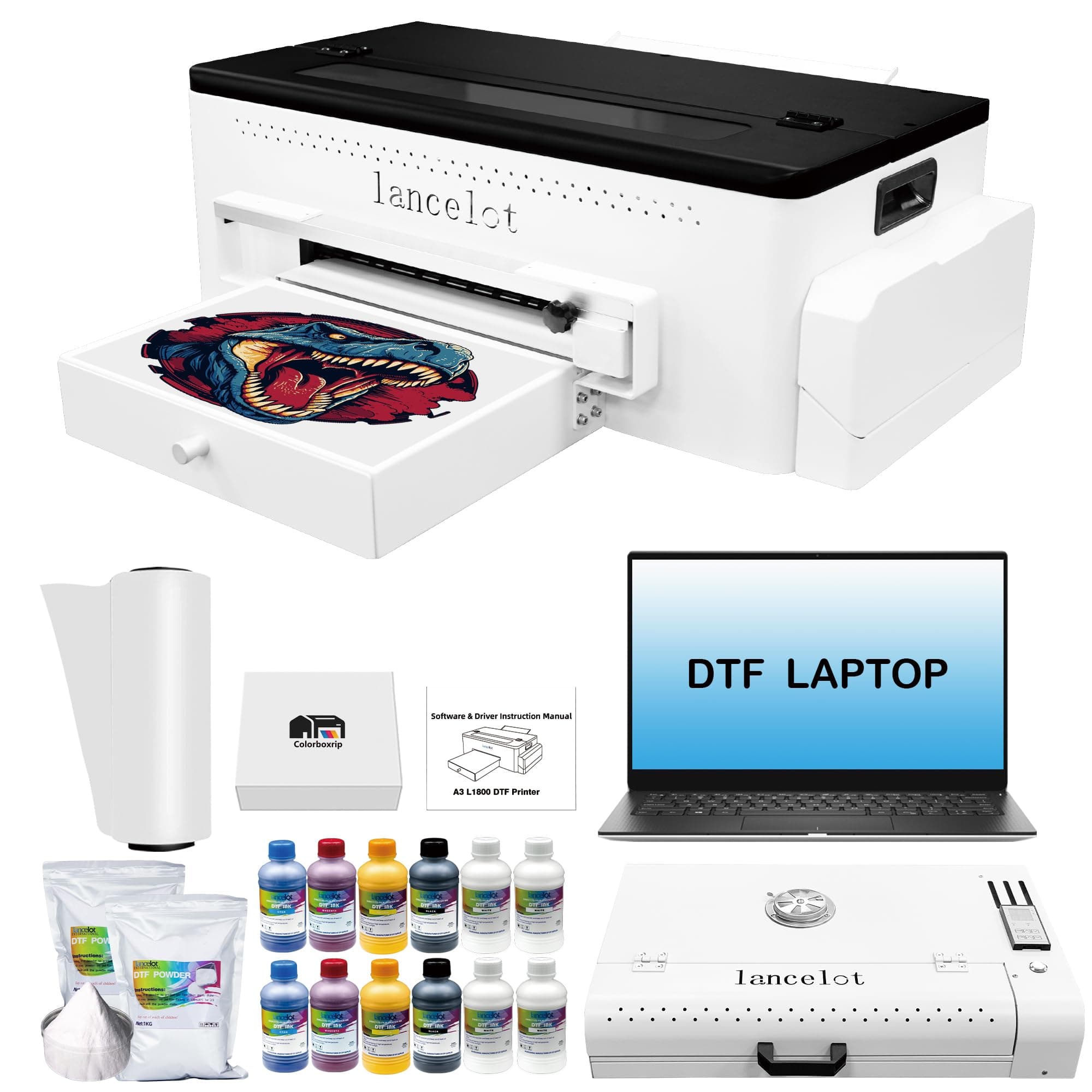 Lancelot A3 L1800 DTF Printer,T Shirt Maker Machine with Roll Feeder,DTF Laptop,White Ink Circulation,Fabric Transfer Printing Machine for Small Business(Printer+Software+Computer+Consumables)