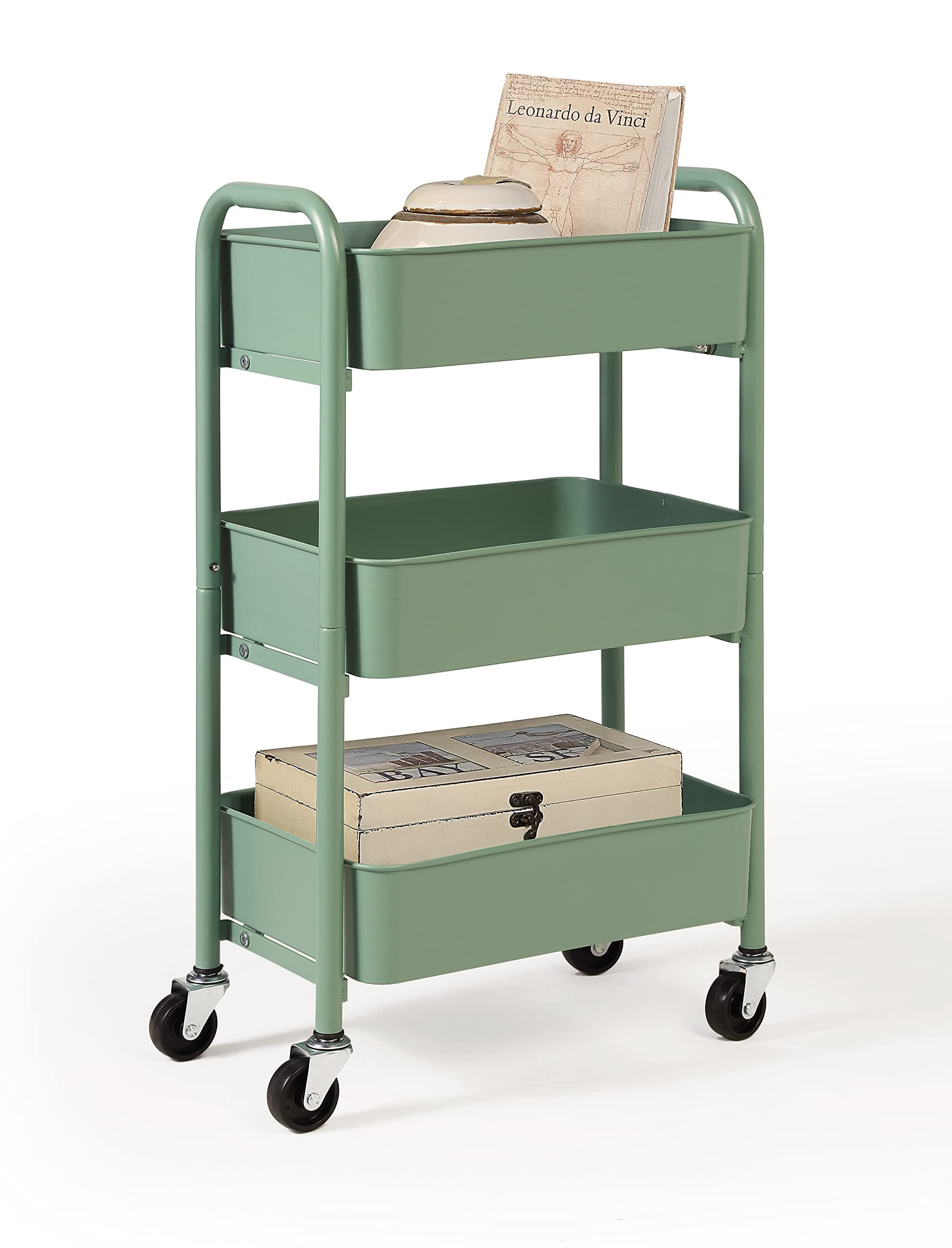 SunnyPoint 3-Tier Delicate Compact Rolling Metal Storage Organizer - Mobile Utility Cart Kitchen/Under Desk Cart with Caster Wheels - Turq (15.35" X 10.24" X 26.8"H)