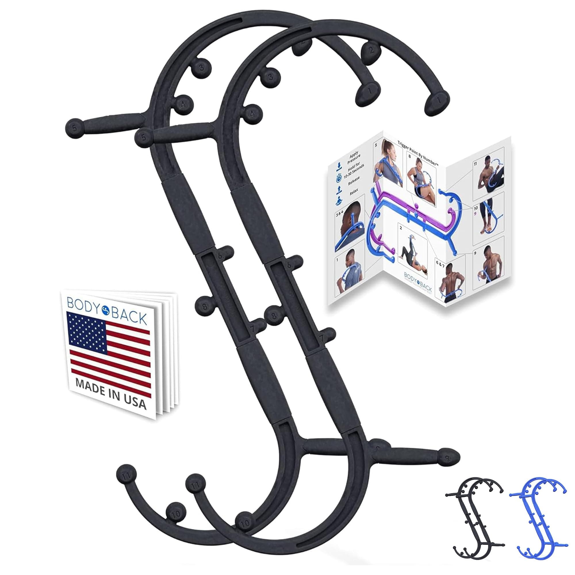 Body Back Buddy Elite Trigger Point Massage Tool, Neck and Back Massager Handheld, Manual Self Massager, Massage Cane, Muscle Knot Remover with Instructions, 2-Pack Bundle (Black)