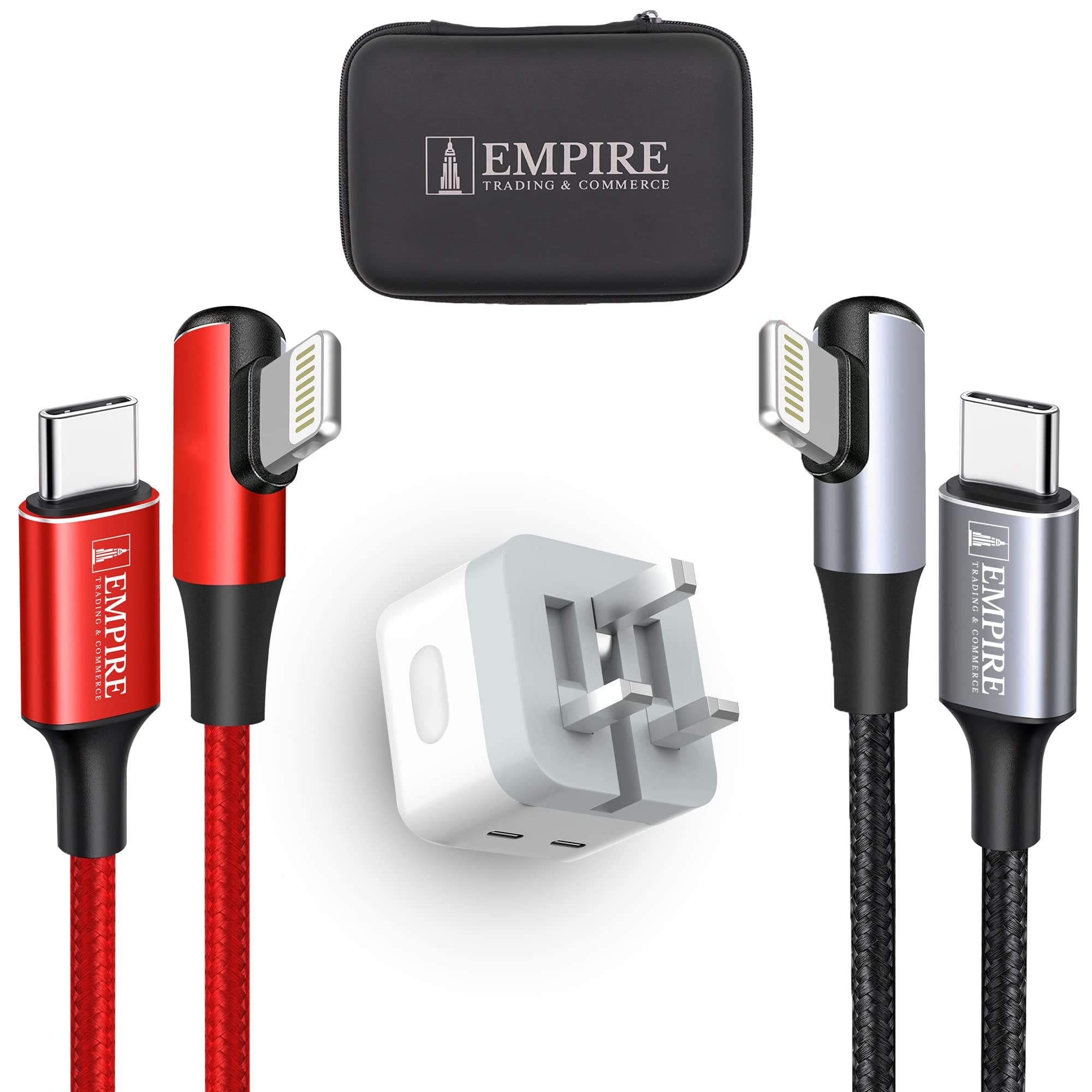Empire 2 iPhone Charger Cables (4m & 2m) + 1 Adapter with Dual Port for Android & iPhones, Fast 40W USB C Adapter, 20W USB C - Lightening Cable Phone Charger Nylon Braided L-Shape Design (Black & Red)