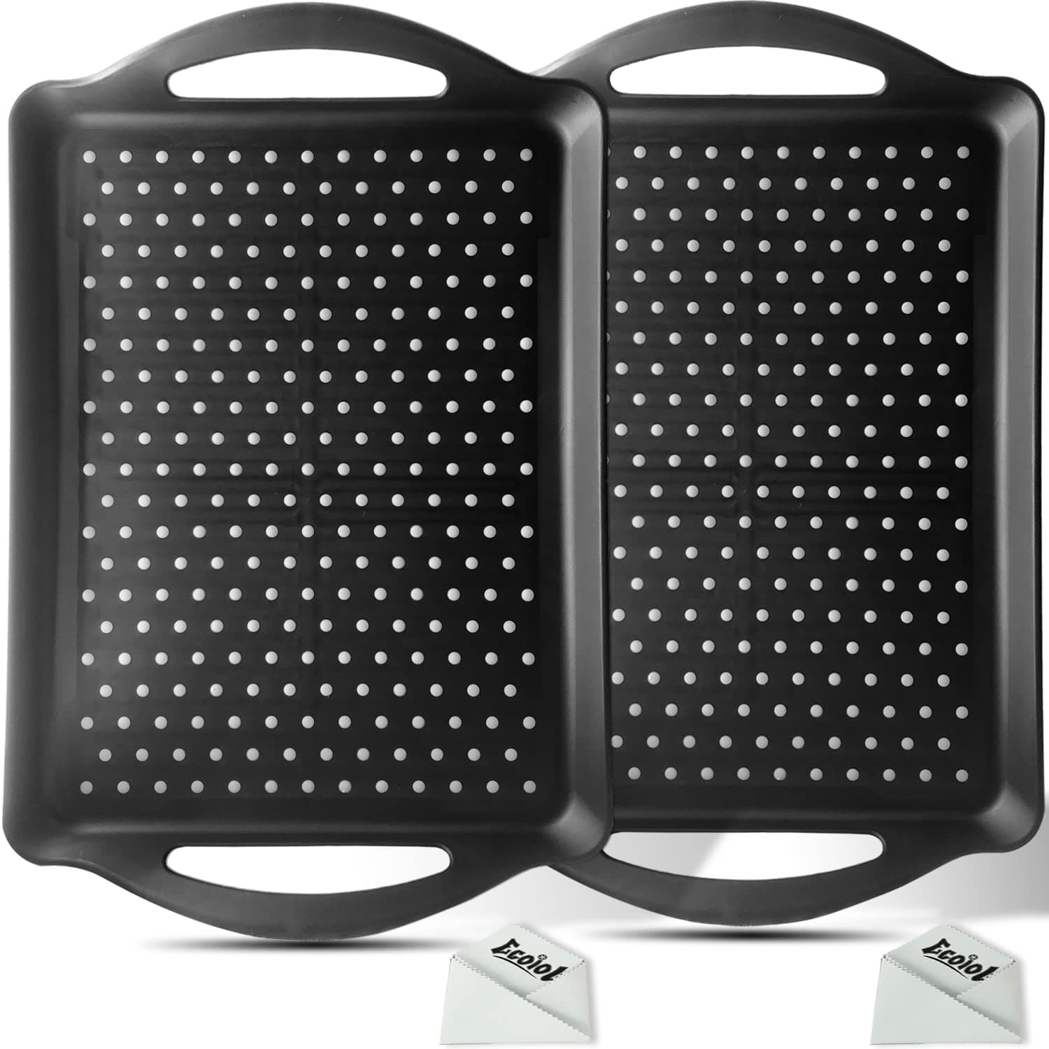 Non Slip Food Serving Tray with Handles, 2-Pack Rectangle Anti-Slip Non-Toxic Dishwasher Safe Tray for Snack Fruit Dessert Breakfast Drink,Black