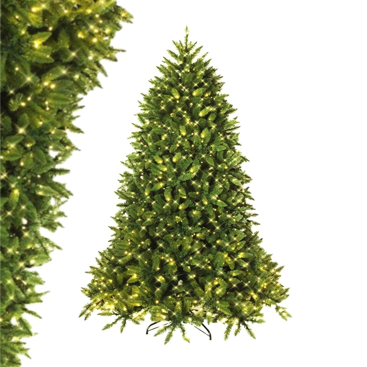 GYMAX5FT/6FT Pre-lit Christmas Tree, Hinged Artificial Xmas Tree with 450/650 LED Lights, 8 Lighting Modes and Metal Stand, Holiday Decor Full Tree for Home, Office & Store (150cm)