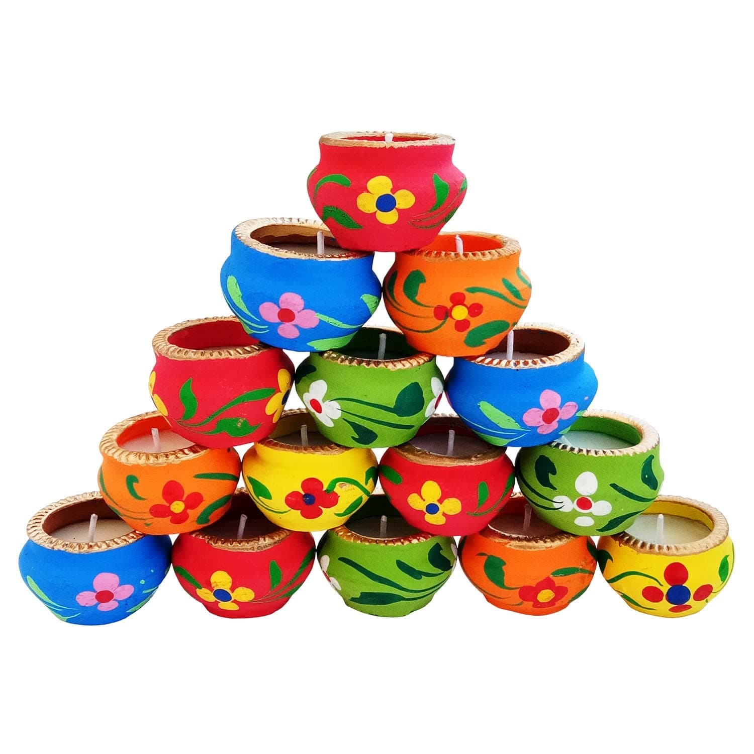 Designer Mitti Wax Diyas for Diwali Decoration | Matki Diya with Wax Filled (Set of 15) - Multicolored