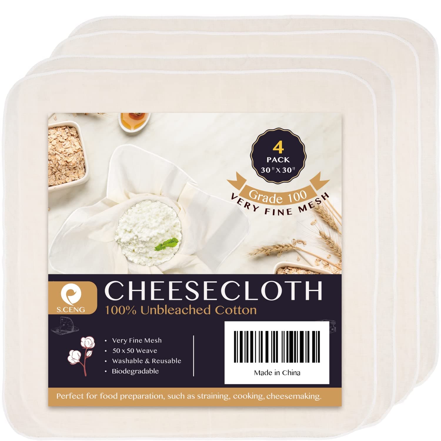 S.CENG Precut Cheesecloth, 30 x 30'' 4 Pack, Grade 100, Ultra Fine for Straining & Cooking, 100% Unbleached Cotton Cheese Cloth for Making Cheese