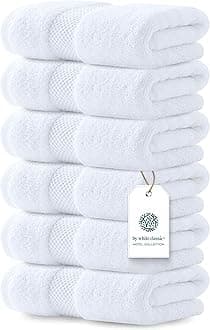 Luxury Hotel Hand Towels, 100% Egyptian Cotton, 16x30 Inches, Set of 6, White. by White Classic