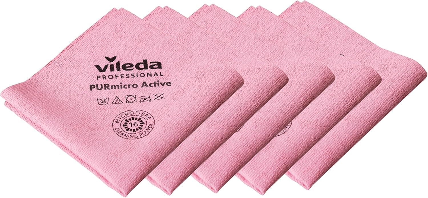 Vileda Professional, Baize PurMicro Active, Red, 5u, Microfibre cloths, PUR‑Coated, Smooth surfaces, Streak‑Free on Glass & Stainless Steel, Ultra‑Absorbent, 38x35cm