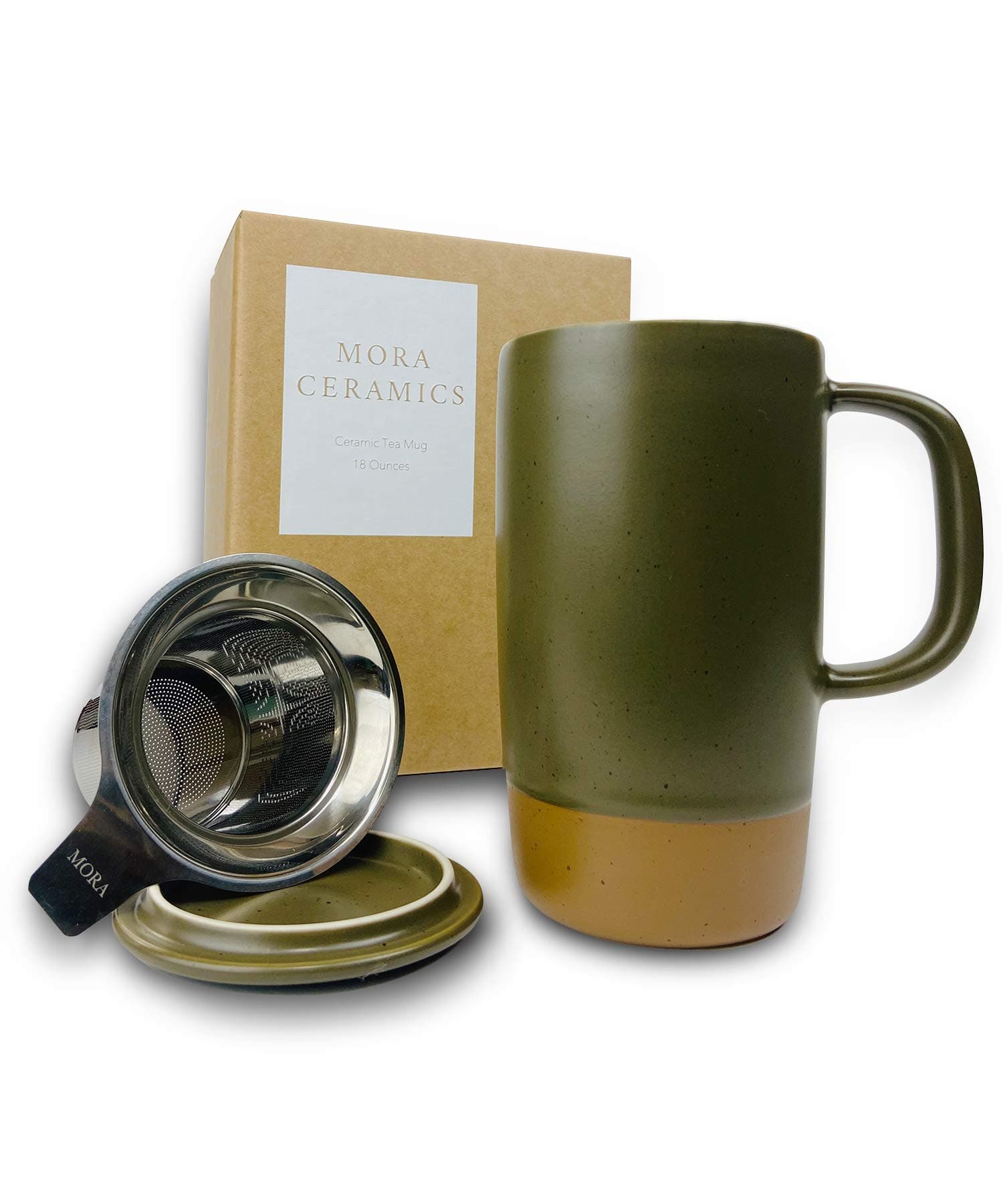 Mora Ceramics Large Tea Mug with Loose Leaf Infuser and Ceramic Lid, 18 oz, Portable, Microwave and Dishwasher Safe, Tall Coffee Cup - Rustic Matte Ceramic Glaze, Modern Herbal Tea Strainer, Olive