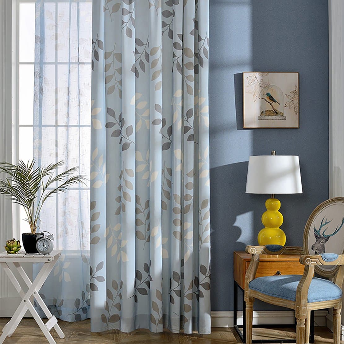Anady Top Water Blue Curtains Blackout Lined Drapes 2 Panel White/Grey Leaf Curtains Bedroom Drapes Grommet 72 inch Wide