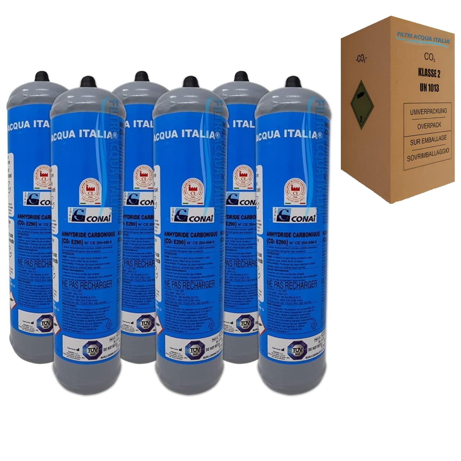 Pack of 6 CO2 Cylinders, 600 g E290 Single Use Cylinders, Water and Refrigerator Gaskets Connection 11 mm, Step 1 mm