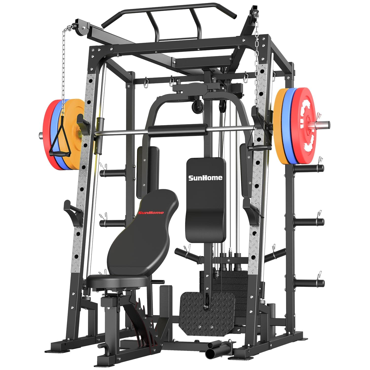 SunHome Smith Machine, Power Cage Squat Rack with Smith Bar, LAT Pull-Down Systems, Cable Crossover Machine and Cable Attachment for Home Gym