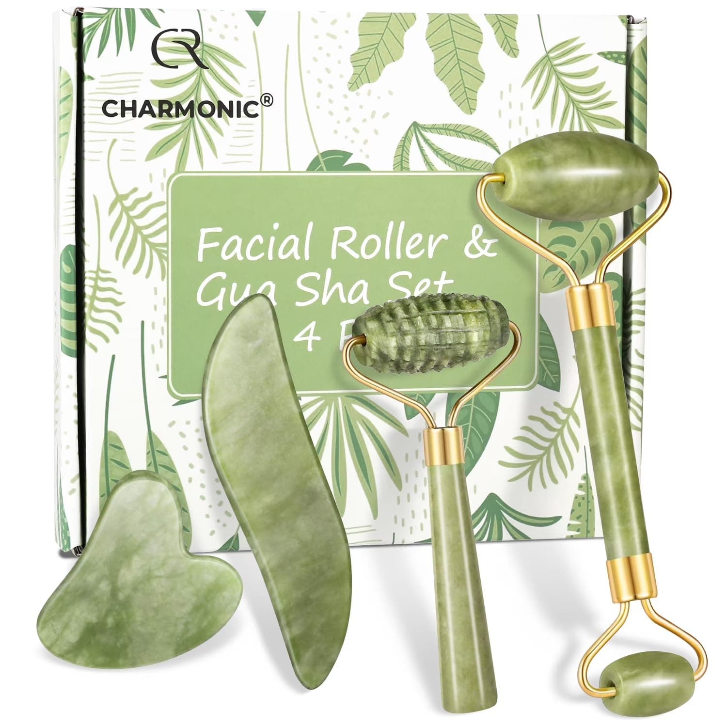 4-pcs Jade Roller & Gua Sha Set, Facial Roller Massager with Gua Sha Tool, Jade Stone Massager for Anti-aging, Slimming & Firming, Rejuvenate Face and Neck, Remove Wrinkles & Eye Puffiness