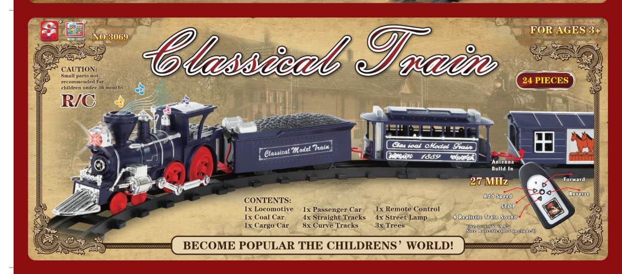 Electric Train Toy Set with Tracks & Remote Control Battery Operated for Boys Girls with Smokes, Lights & Sound, Remote Control Railway Kits with Steam Locomotive Engine, Cargo Cars,Classic Train Set