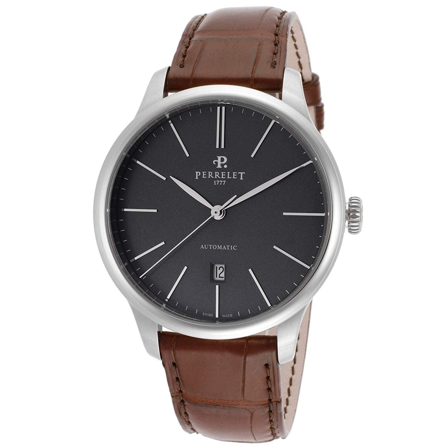 Perrelet First Class Mens Automatic Watch - 42mm Analog Grey Face Watch with Second Hand, Date and Sapphire Crystal - Stainless Steel with Brown Leather Band Swiss Made Luxury Watches for Men A1049/3