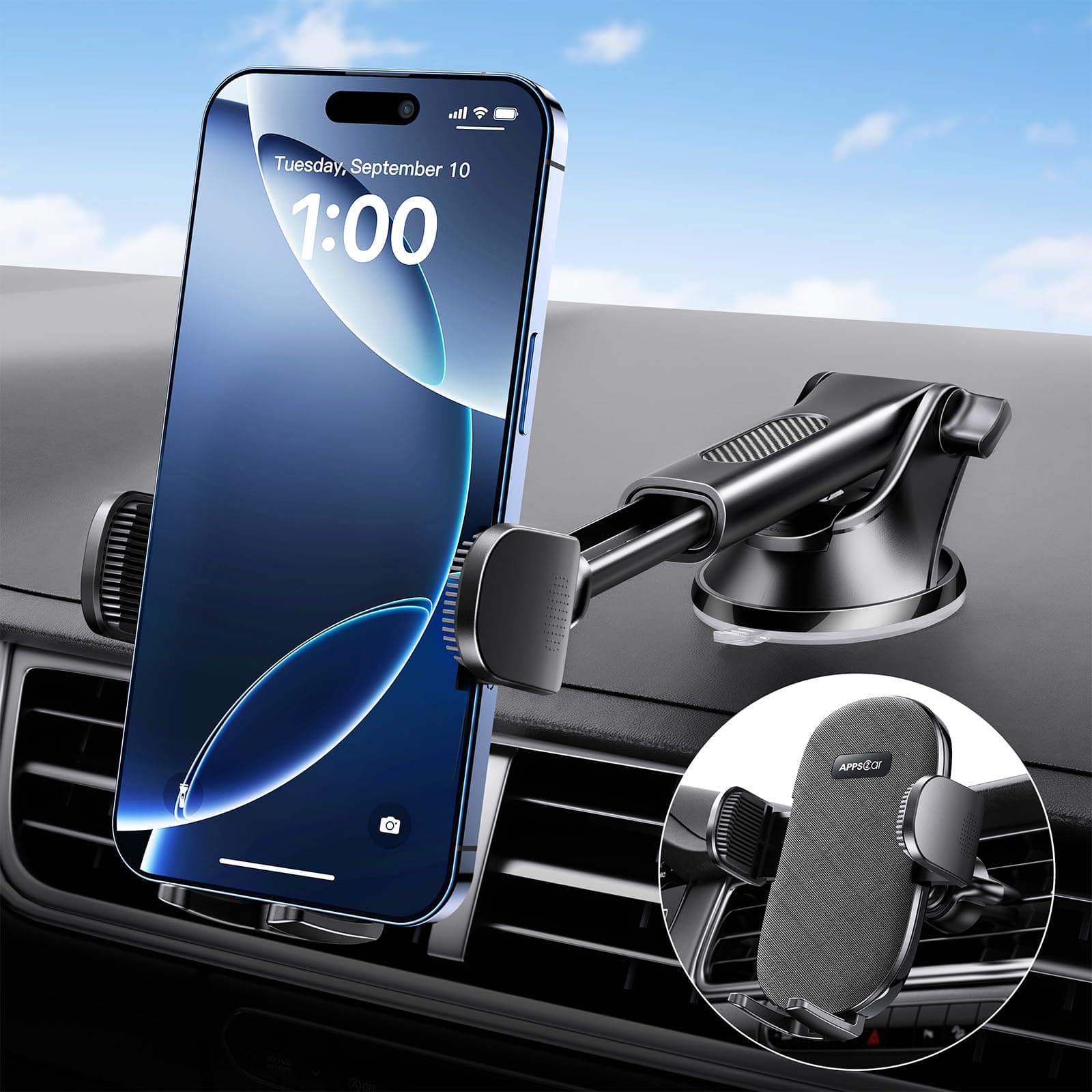 APPS2Car Suction Cup Phone Mount, Windshield/Dashboard/Air Vent Car Phone Holder Mount with Sticky Gel Pad, Compatible with iPhone, Samsung, All Cellphone, Thick Case Friendly