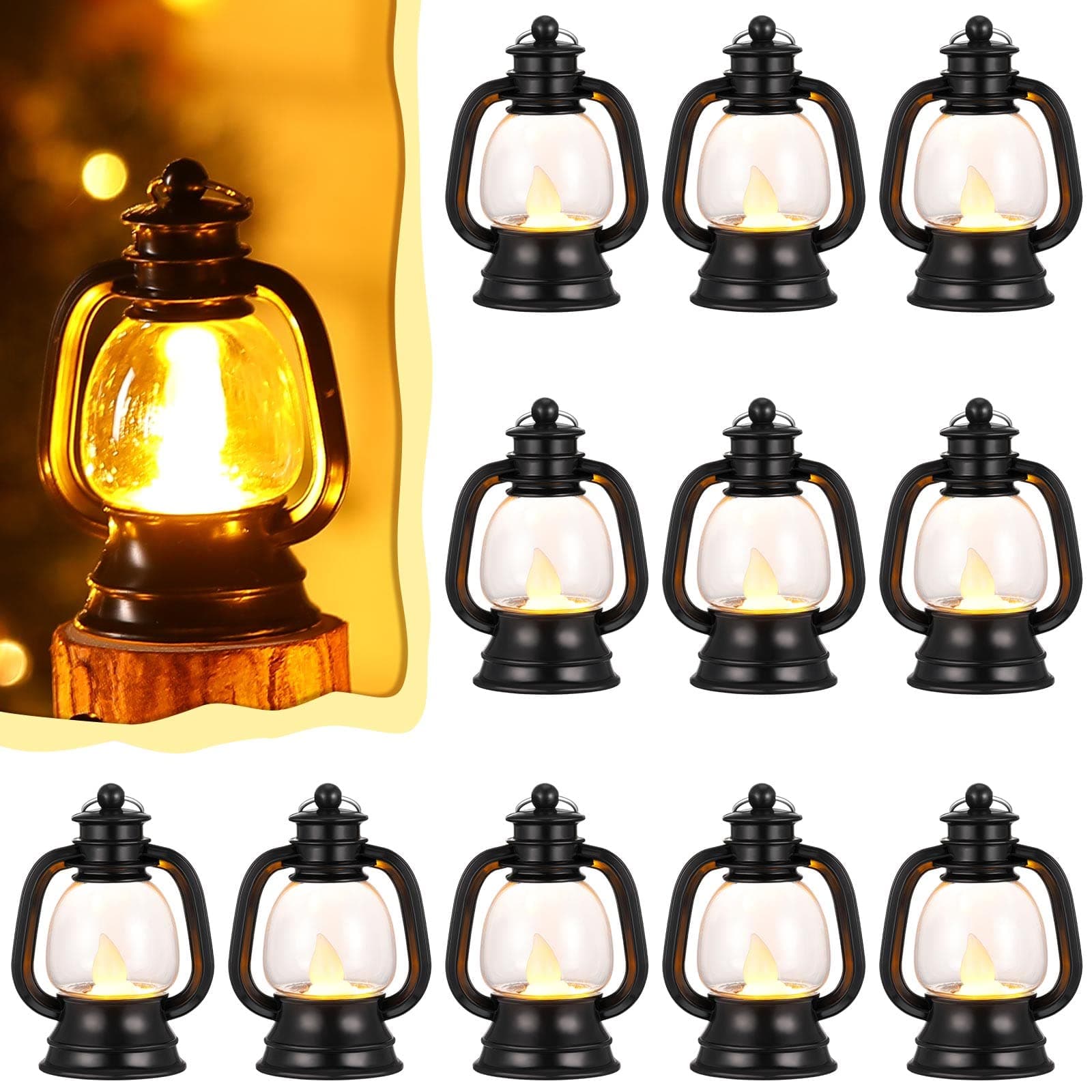 Ferraycle 12 Pcs Mini Lantern Decor 4 Inch Western Lantern Table Centerpiece Small Vintage Camping Hanging Lamp Ornaments Bulk for Cowboy Cowgirl Wedding Halloween Christmas (4 Inch,Black)