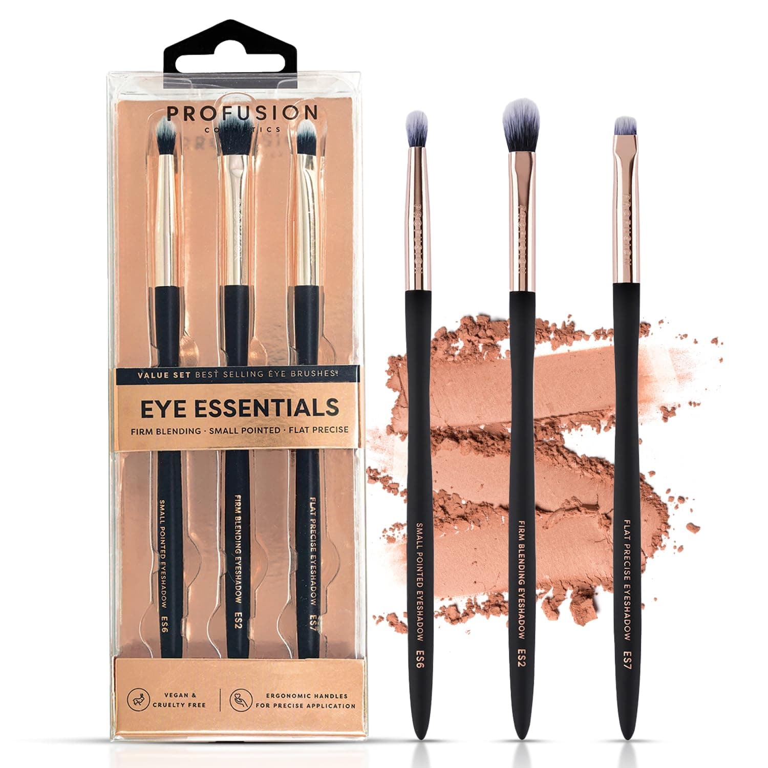 Profusion Cosmetics Eye Essentials 3 Piece Brush Set - Multi-Tasking Tool for Blending, Shading and Lining, Waved Handles, Soft Synthetic Bristles, Vegan & Cruelty-Free Makeup