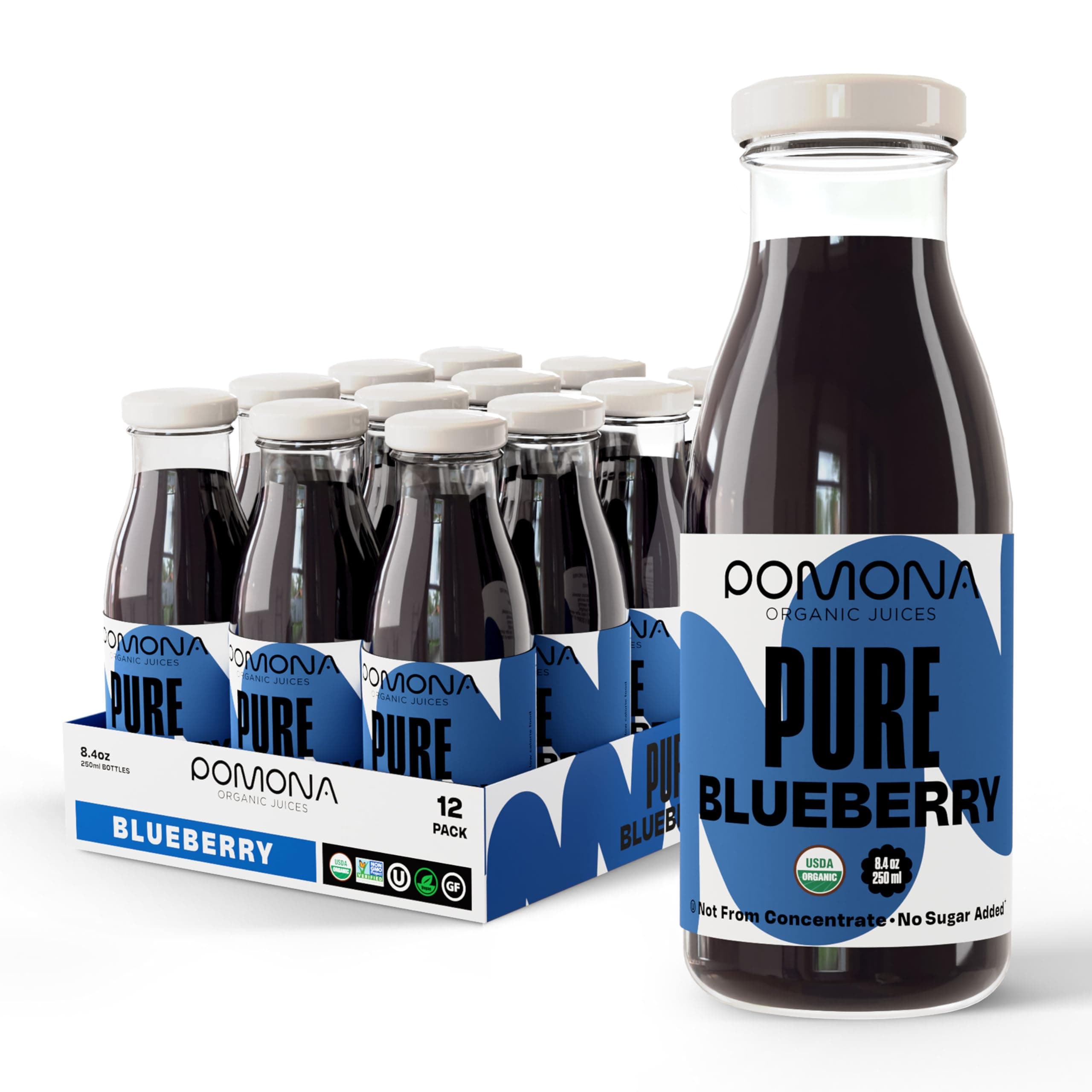 Pomona Organic Juices Pure Blueberry Juice, Cold Pressed Organic Juice, Non-GMO, No Sugar Added, Not from Concentrate, Gluten Free, Kosher Certified, Preservative Free, 8.4 Ounce (Pack of 12)
