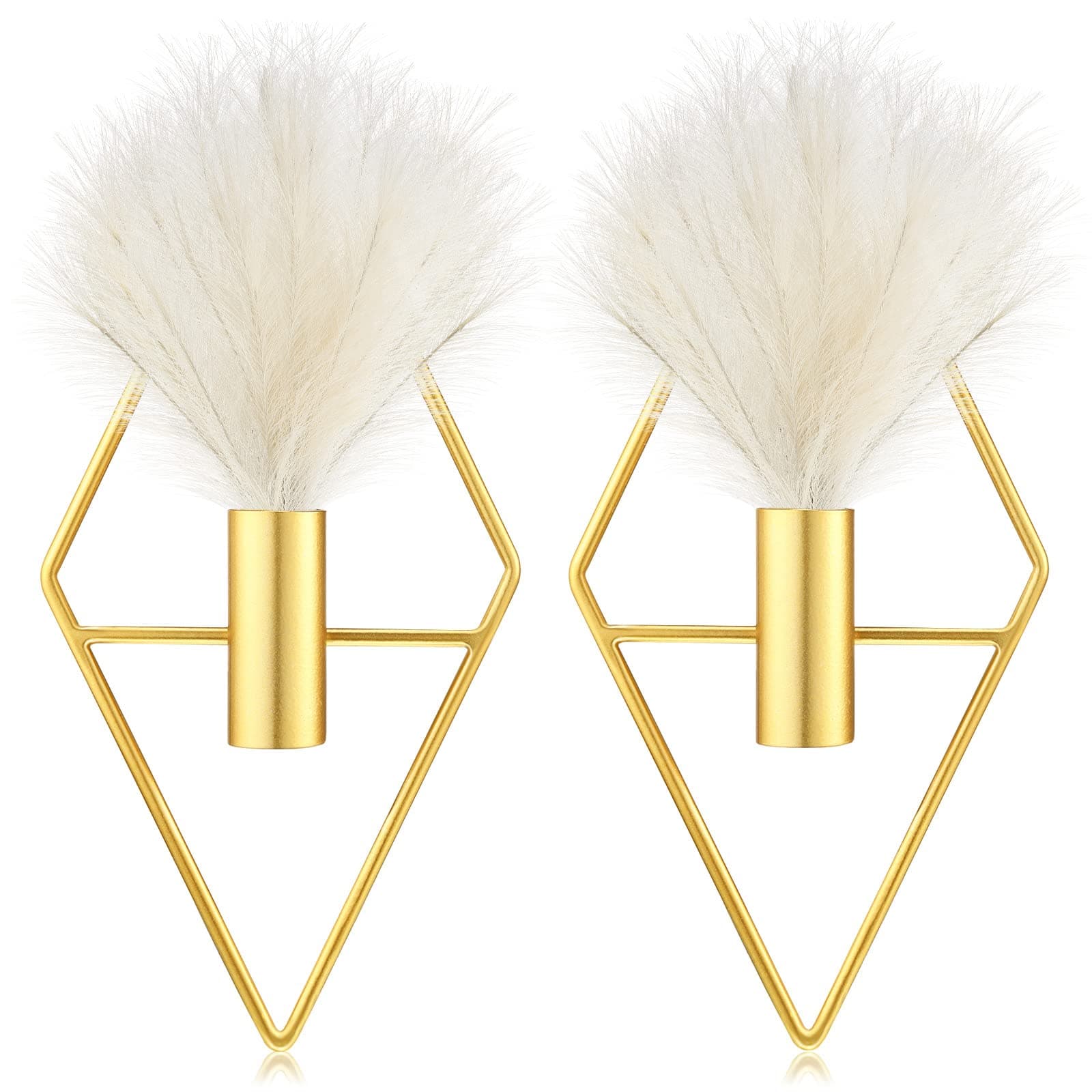 Peryiter 2 Pcs Boho Wall Decor Metal Gold Wall Art Hanging Planters with Artificial Pampas Modern Home Decor Display Art for Living Room Bedroom Bathroom(Rhombus)