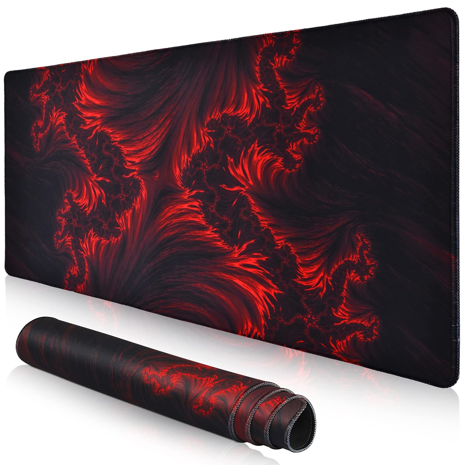Gaming Mouse Pad, Red Large Gaming Mouse Pads 31.5×15.75In, Long Big Mouse Pad XL Mouse Mat with Non-Slip Base, Extended Keyboard Mousepad Flame Pattern (Black Red)