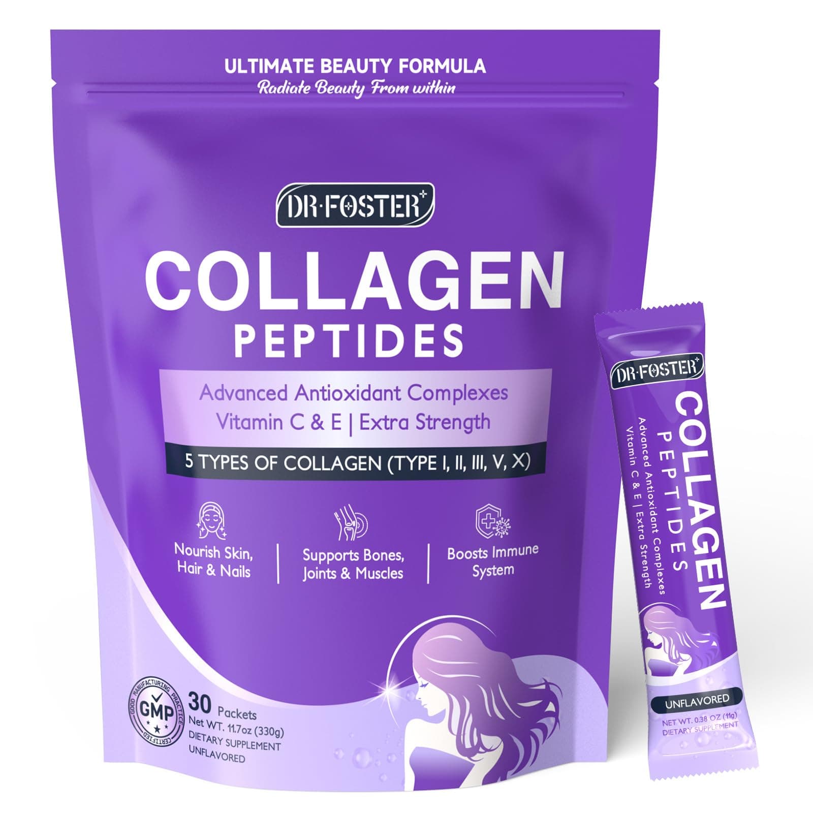Collagen-Peptides-Powder-Packets - Multi Type I II III V X Collagen for Women with Antioxidant Blend + Vitamin C & E for Skin, Hair, Nail & Joint, Non-GMO, 30 Stick Packs