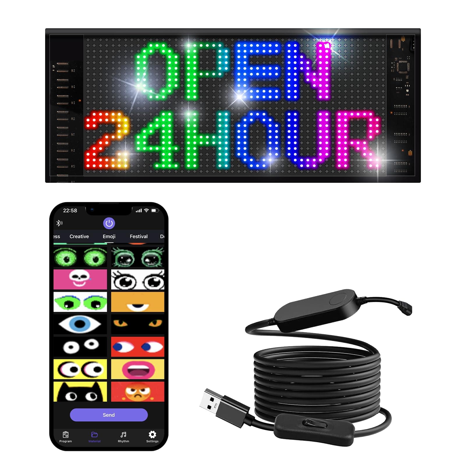 Double Row Scrolling Custom LED Sign for Car [3th Gen Brighter Lamp Beads], 10.6''x4.7'' Flexible 5V/2A Bluetooth APP Control LED Matrix Panel 5.0 Bluetooth Control DIY Programmable Led Sign