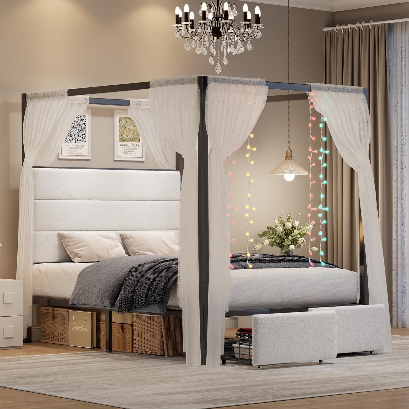 Full Size Canopy Bed Frame with Upholstered Panel Headboard, Lamb Wool Tufted Metal Platform Bed with 2 Drawers & 4 Posts, 12 Metal Slats Mattress Foundation, No Box Spring Needed, White