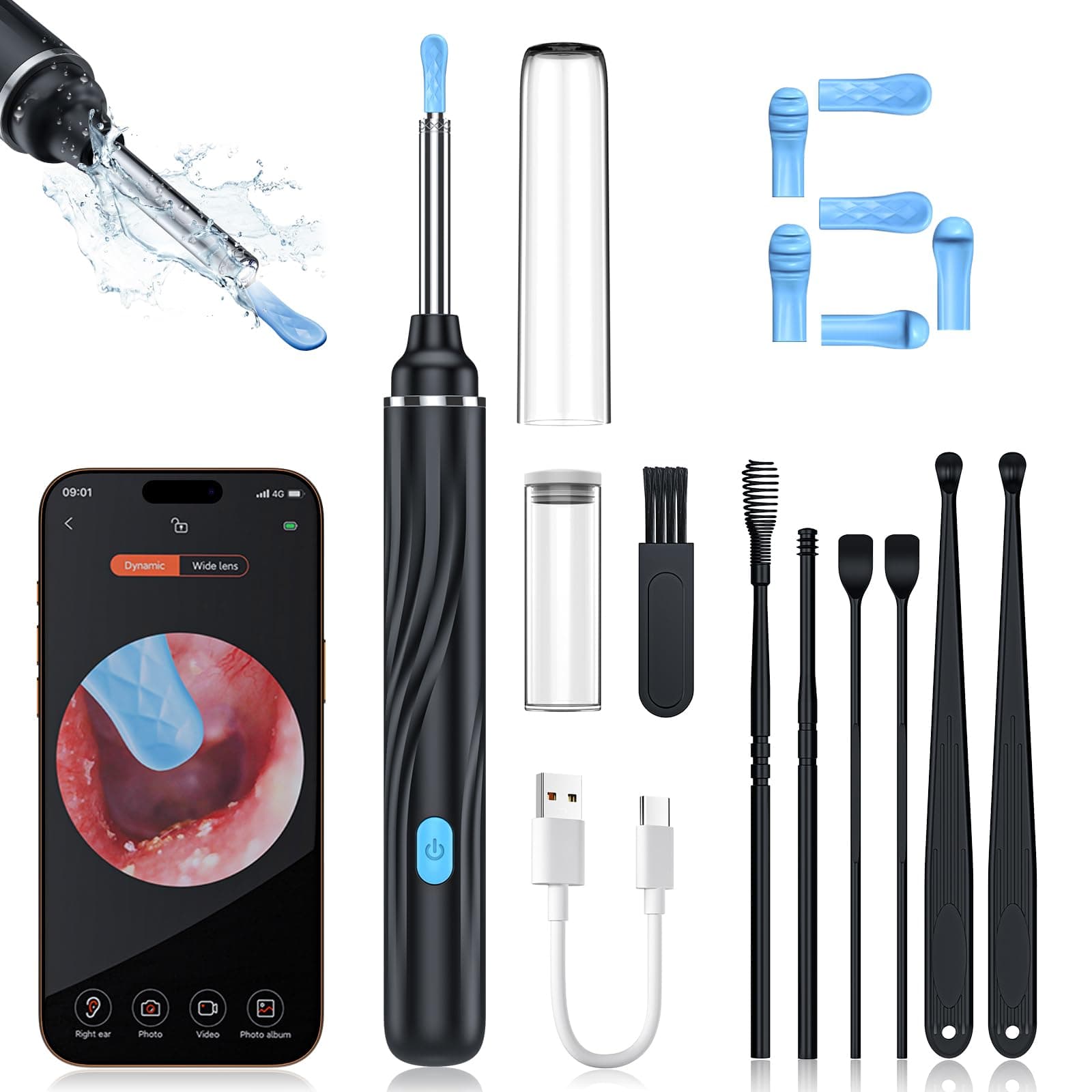 Tomaje Ear Wax Removal Tool Camera, Ear Cleaner with Camera, Ear Wax Removal Kit, 1080P HD Ear Camera, Earwax Removal Kit with Camera and 6 LED Light, 6 Ear Pick & Ear Set for iOS & Android, Black