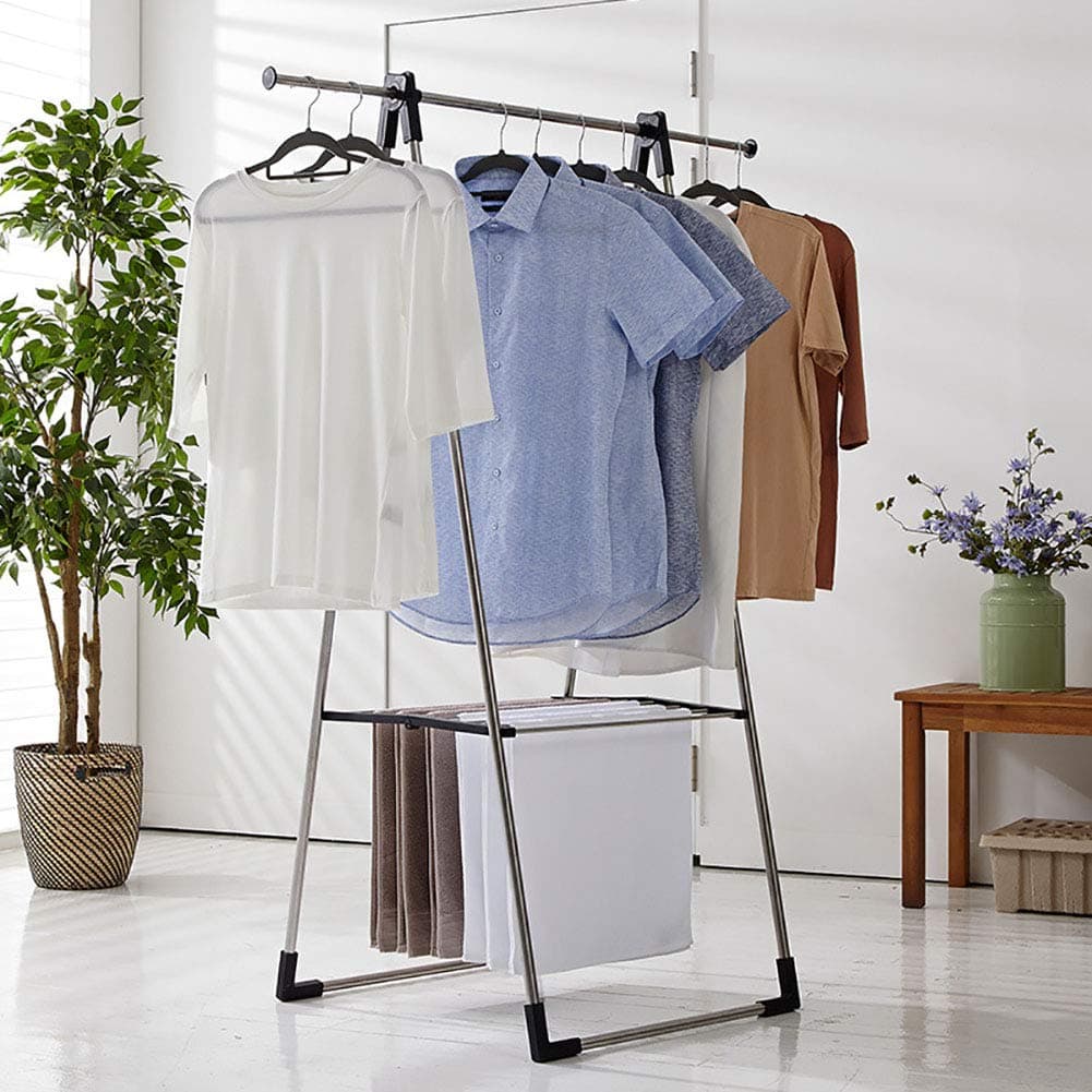 JKLKL Type A Telescopic Single Pole Landing Drying Rack, Home Movable Multfifunction Folding Hanger,Black