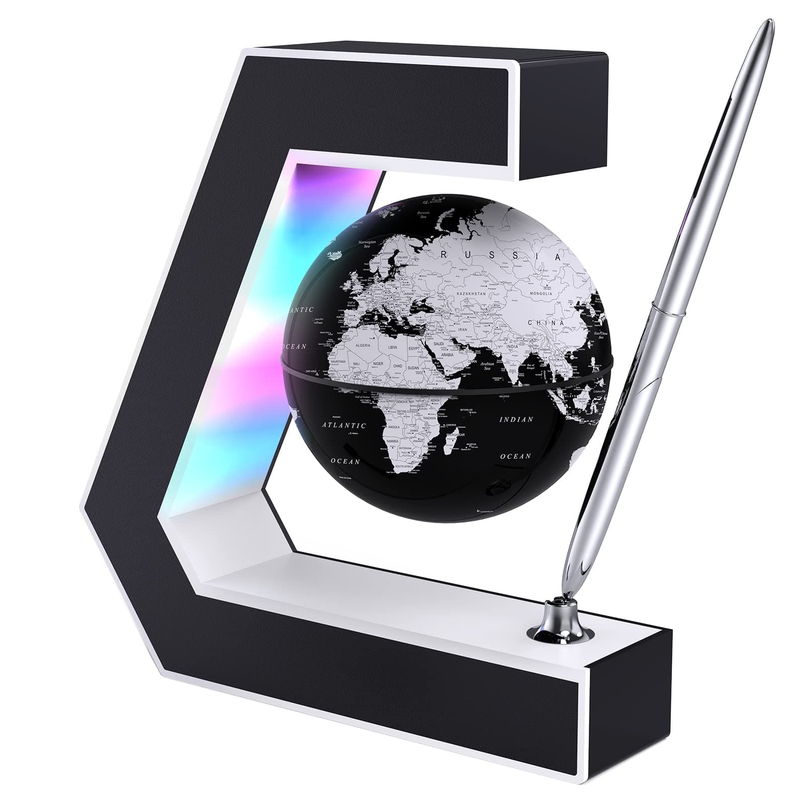 Floating Globe with LED Lights Magnetic Levitation Floating Globe with Pen, Portable to Write On Office Desk, World Map for Desk Decoration