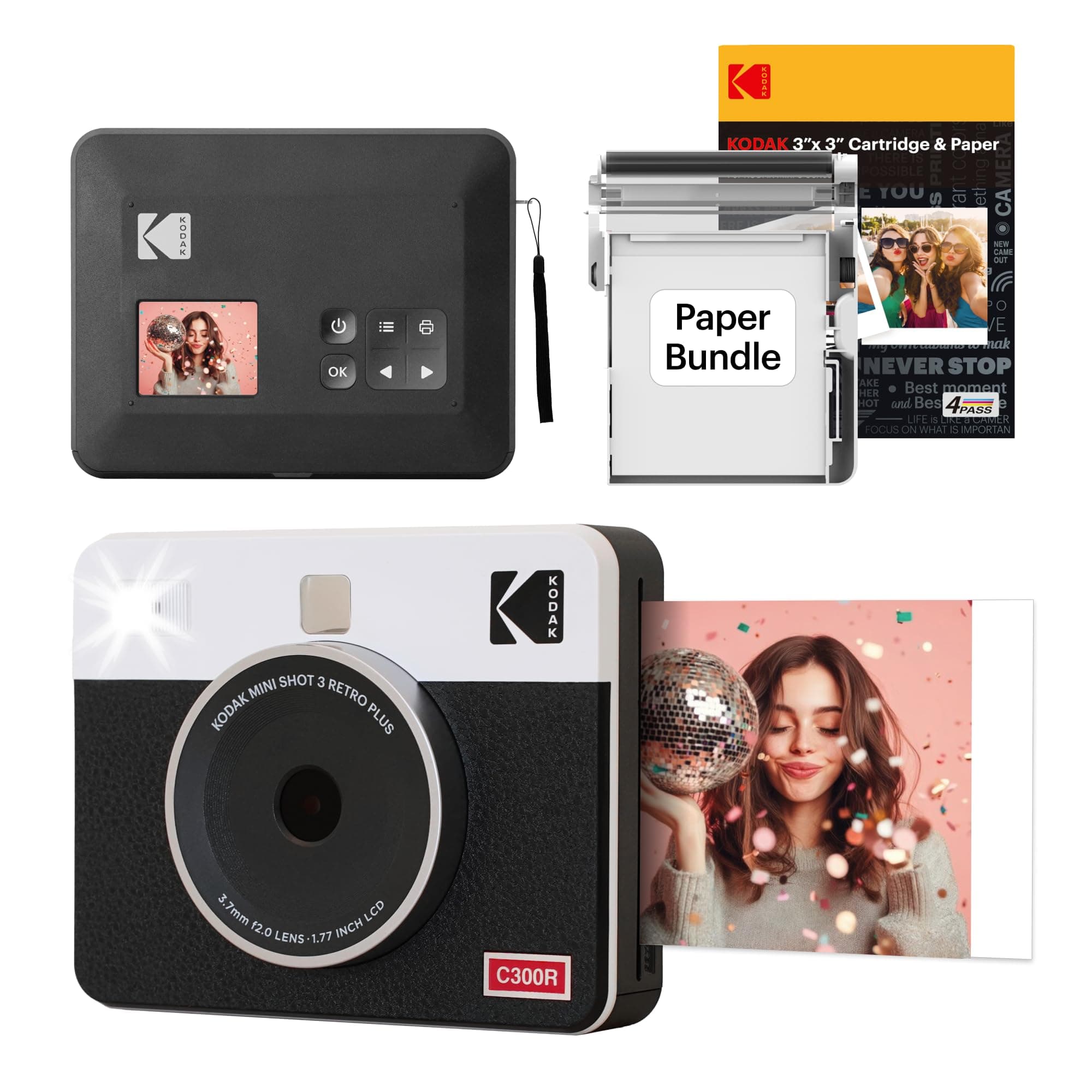 Mini Shot 3 Retro 4PASS 2-in-1 Instant Camera and Portable Photo Printer (7.6 x 7.6 cm) plus Package with 38 Sheets, White