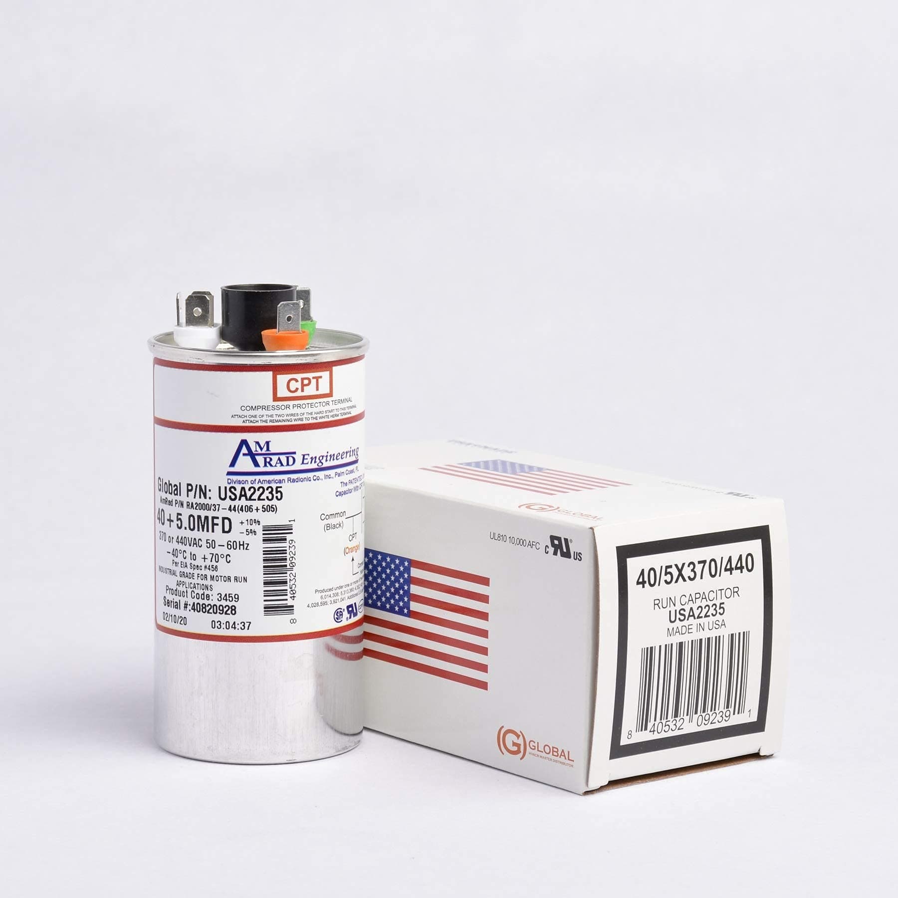40 + 5 uf/Mfd Round Dual Universal Capacitor • Trane Replacement USA2235 - used for 370 or 440 VAC, Made in the U.S.A.