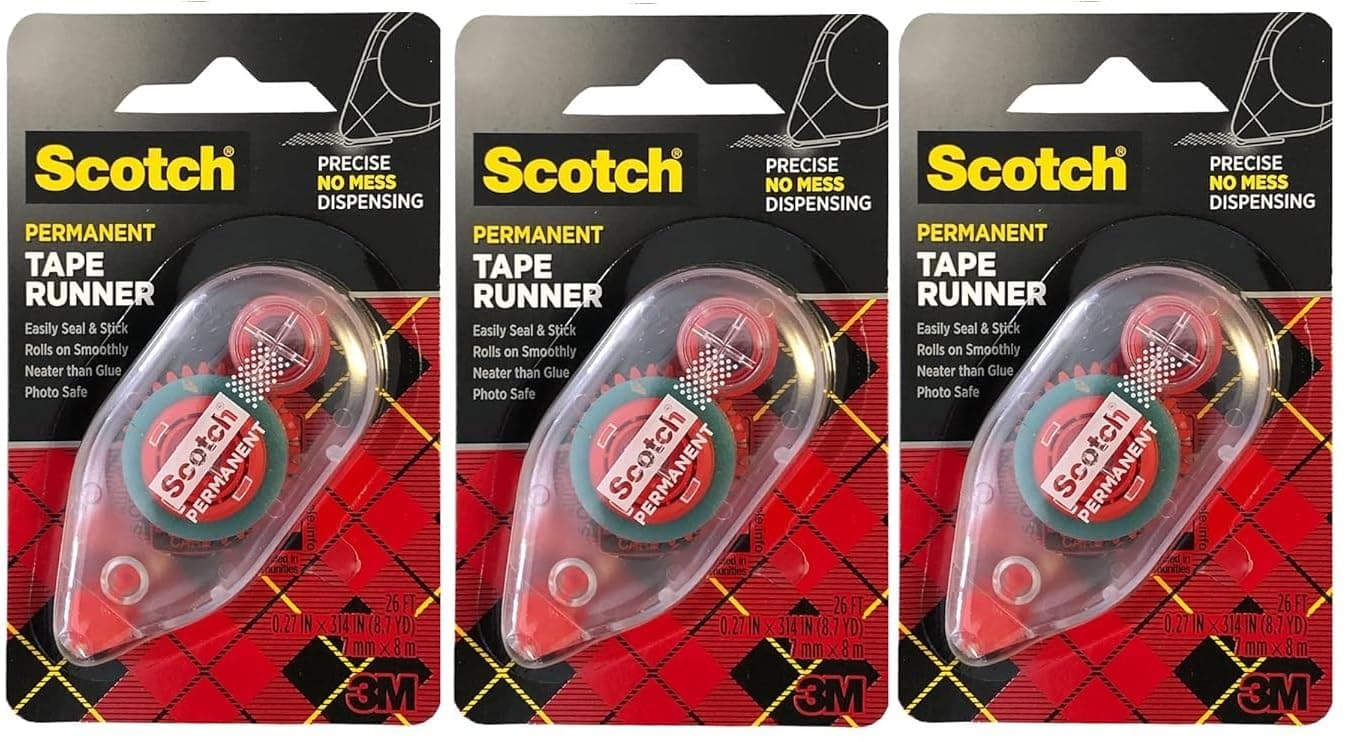 3M 6061 Scotch Double Sided Adhesive Roller, Permanent Bonding Tape, Acid-Free, Photo-Safe, 0.27 Inch x 8.7 Yards, Pack of 3